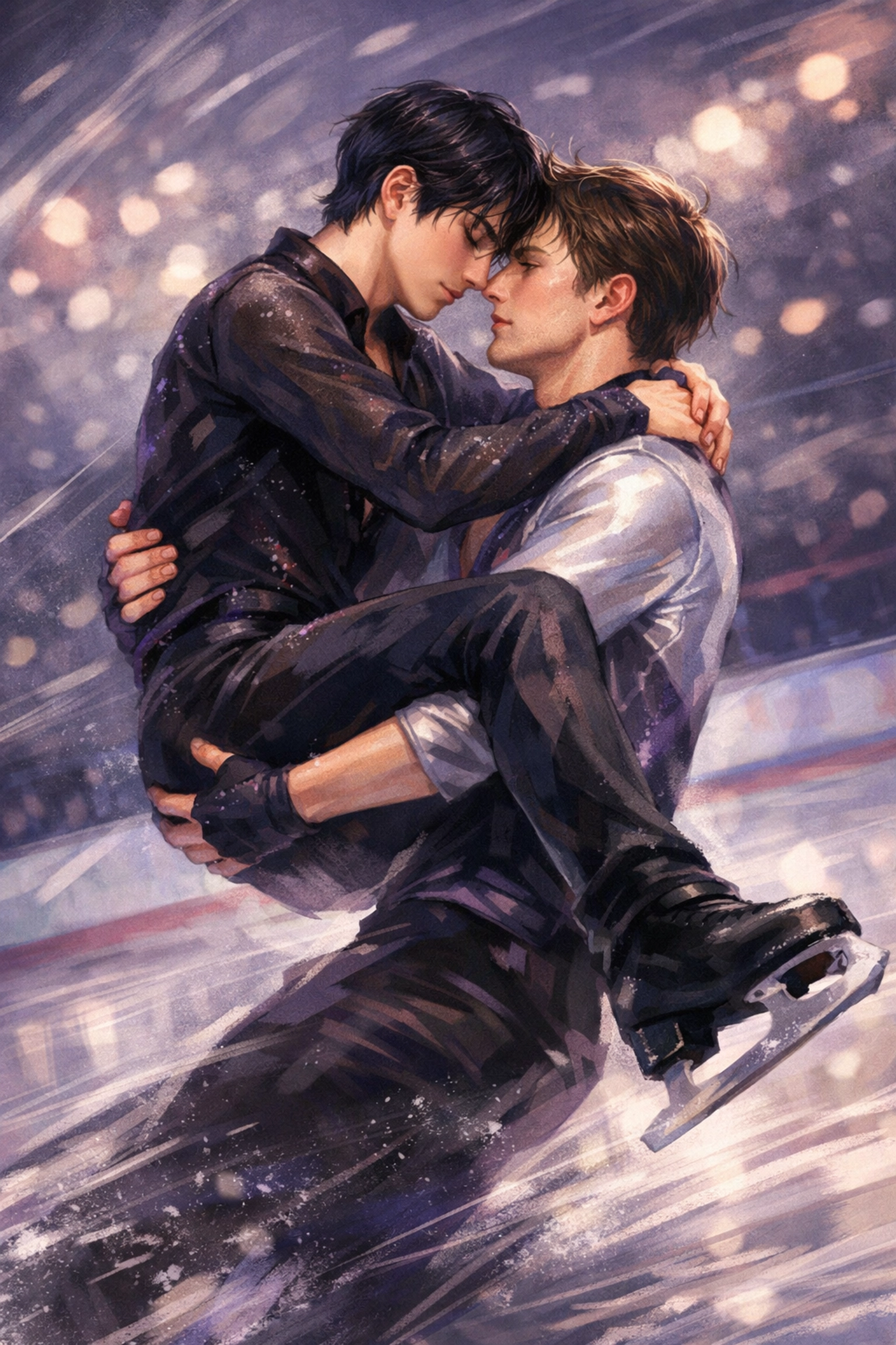 Two male figure skaters in intimate training moment, trust and vulnerability on ice