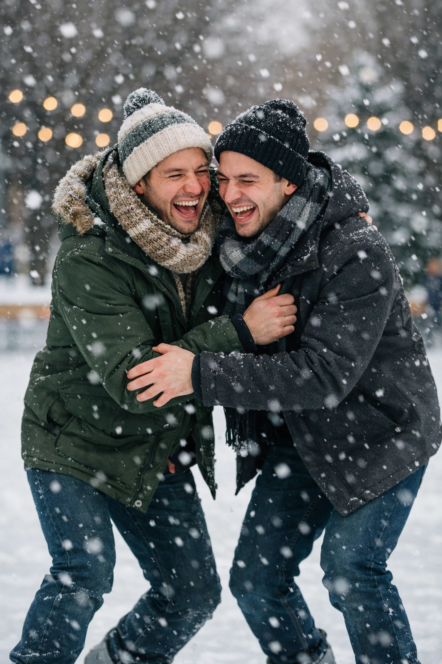 Gay couple ice skating together in Montreal winter, laughing in the snow