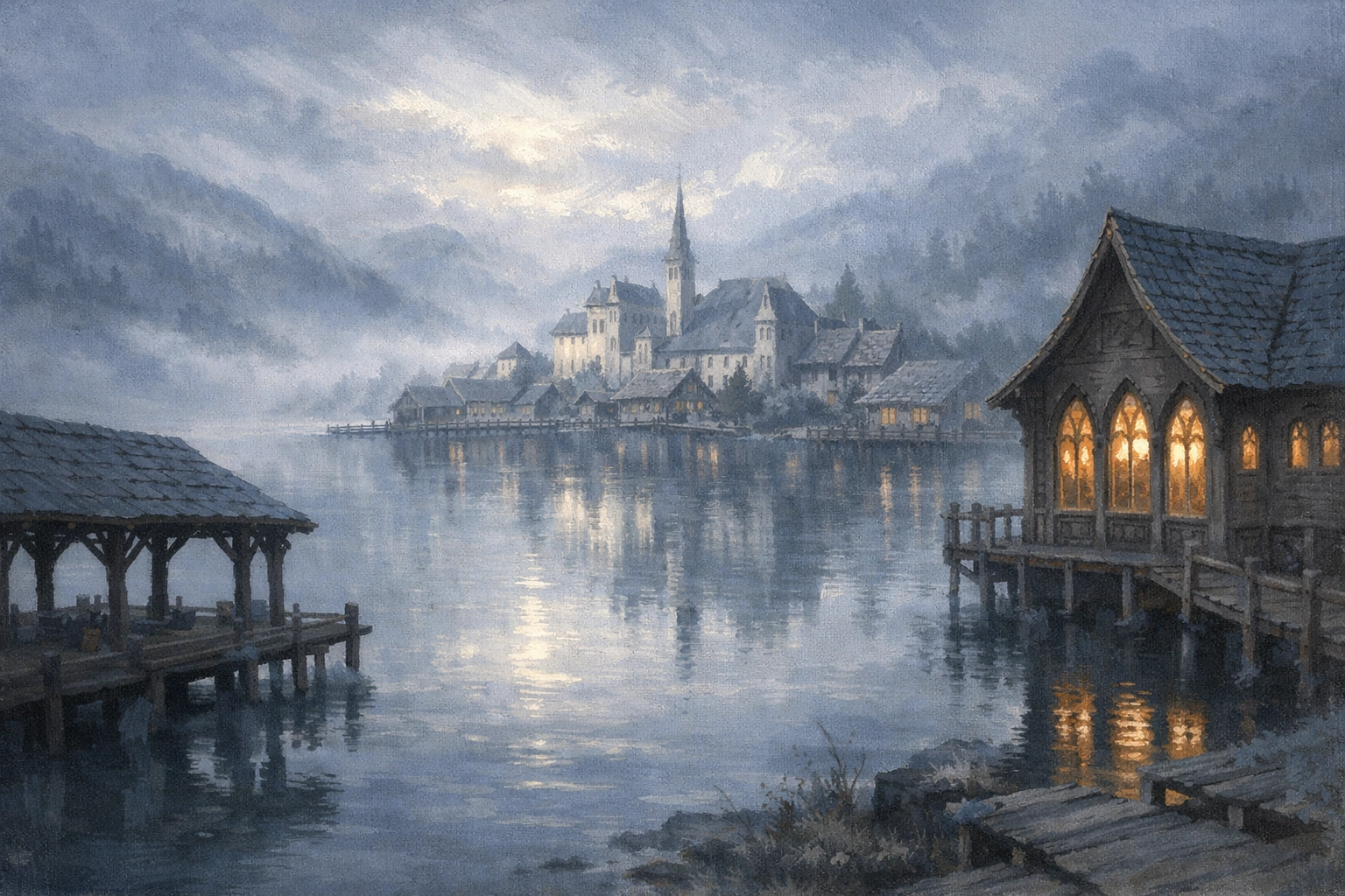 Lake Silvermere at dawn with Silvara city's pale stone halls reflecting in still waters