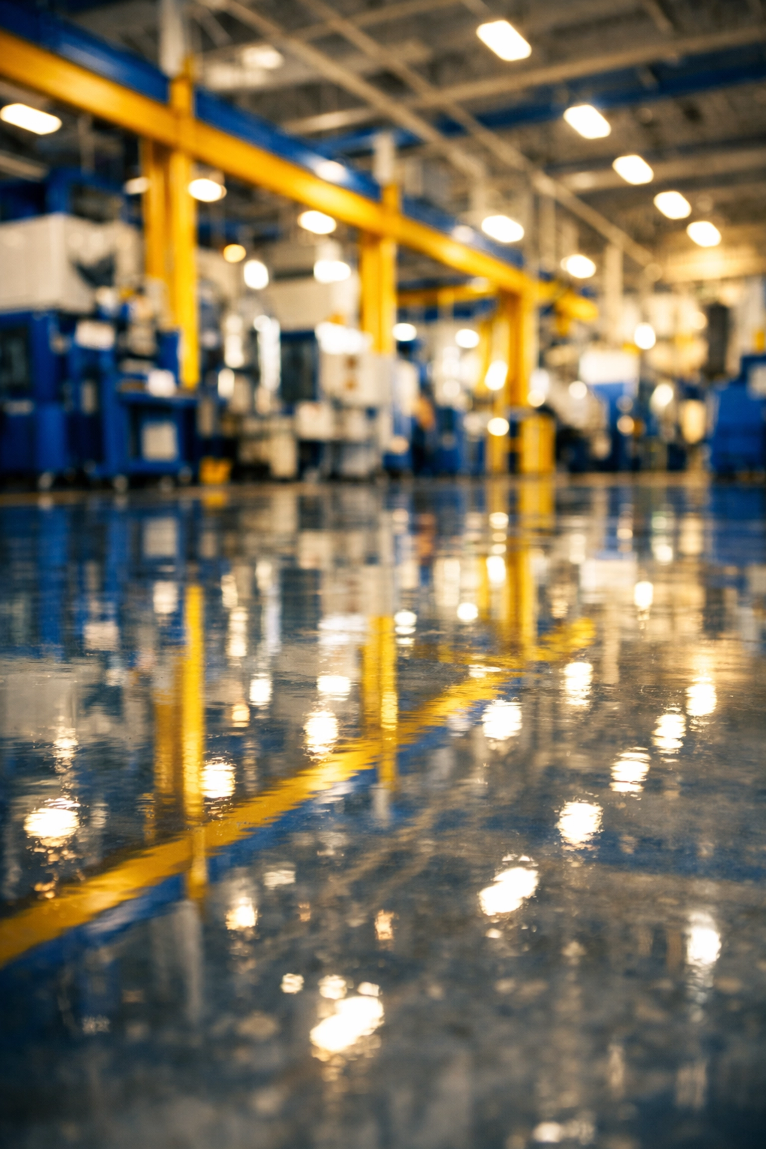 A pristine reflection on a scrubbed floor showing a safe and clean Haverhill manufacturing plant.