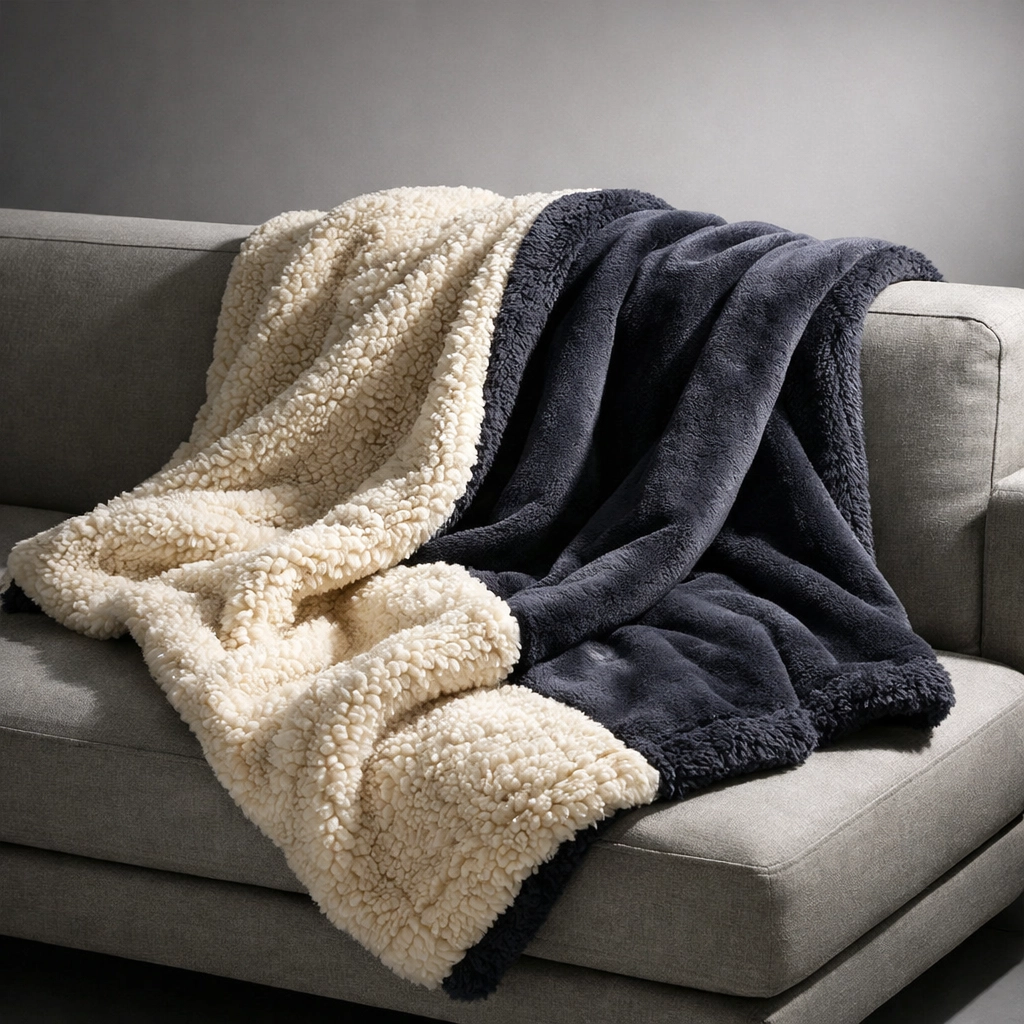 PWPTAOS Sherpa blanket draped on couch showing dual-layer fleece and plush sherpa texture