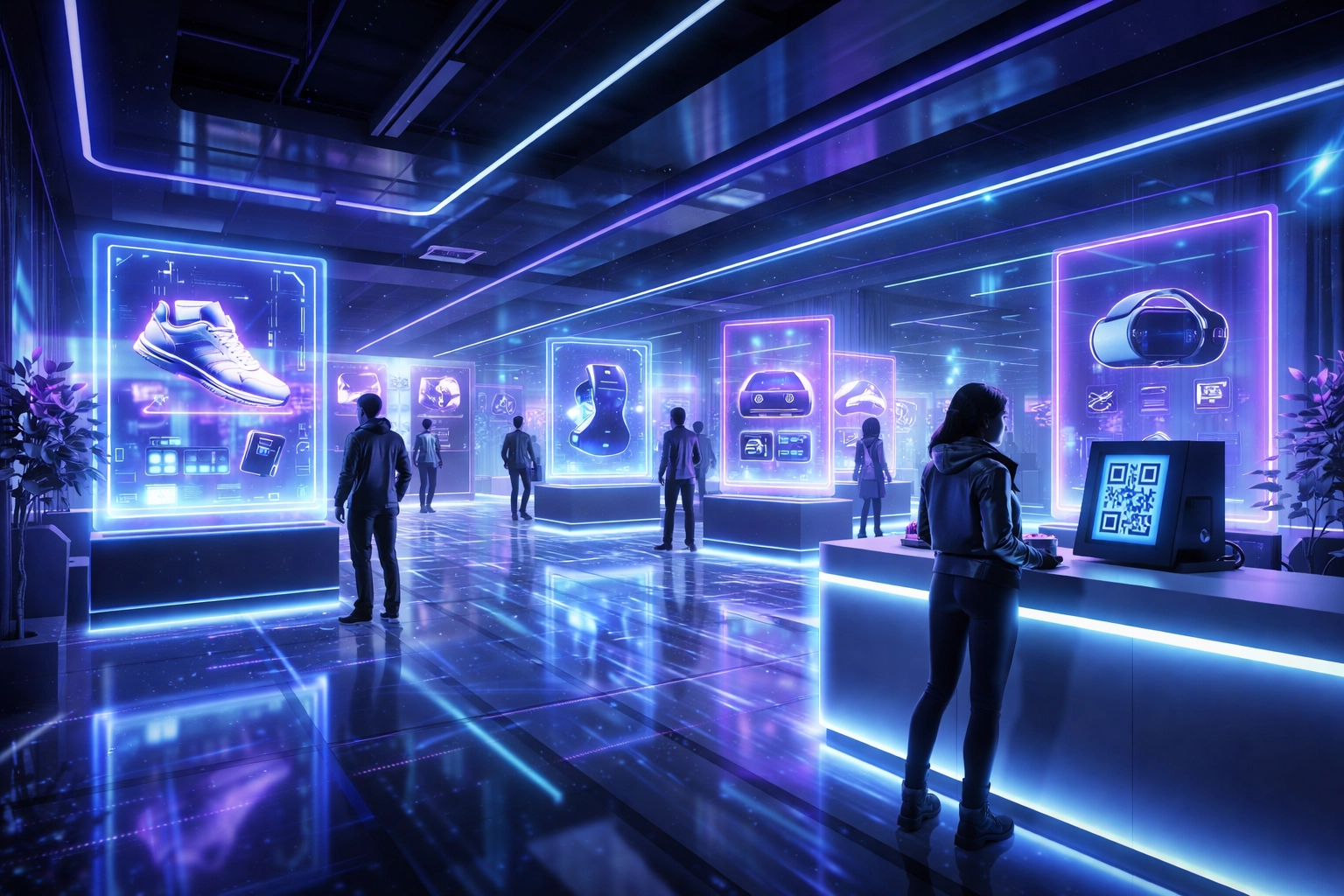 Virtual metaverse retail store with holographic products, QR payment system, and digital shoppers in cyberpunk colors