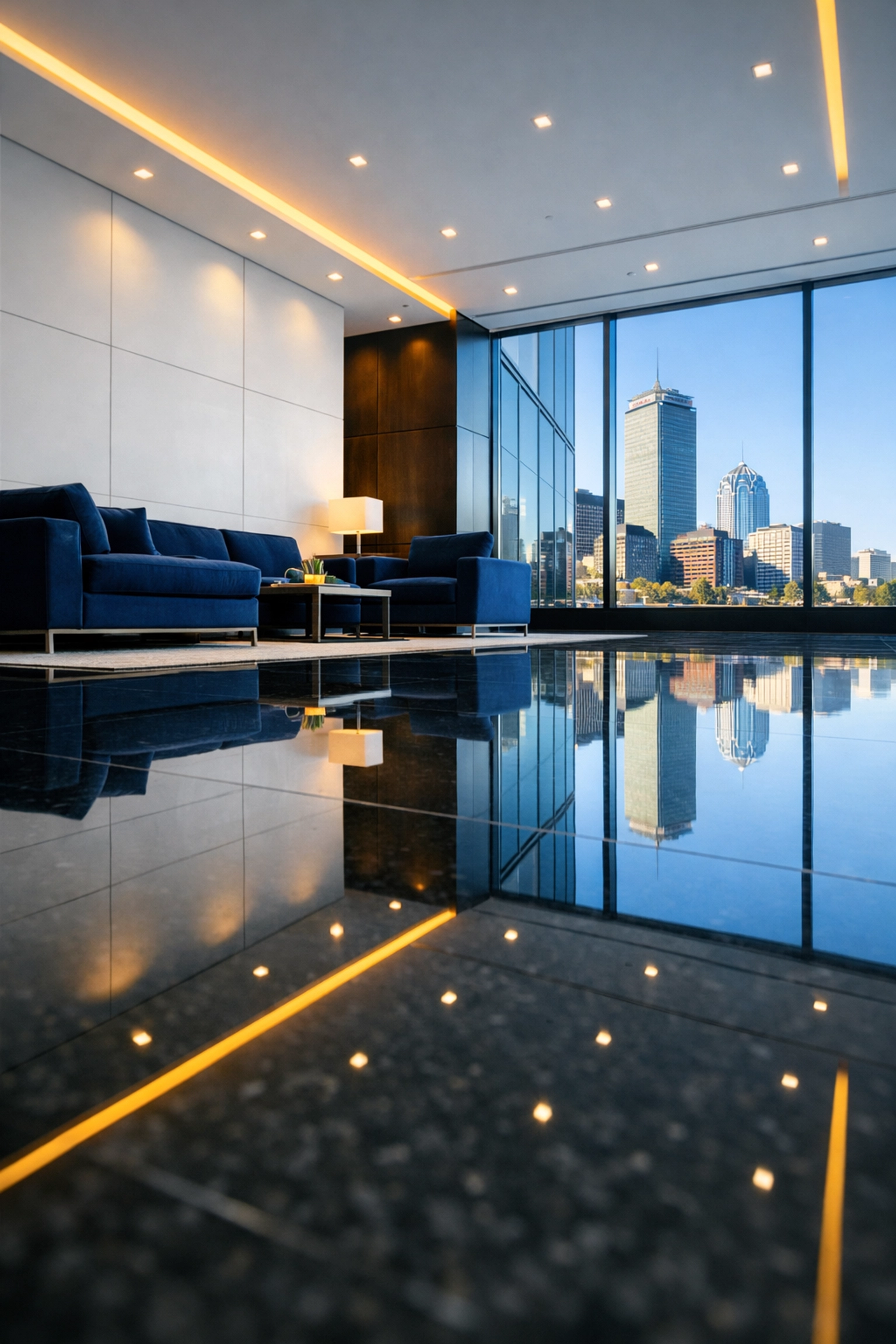 Polished corporate lobby floors in Boston, showcasing high-end janitorial services in Massachusetts.