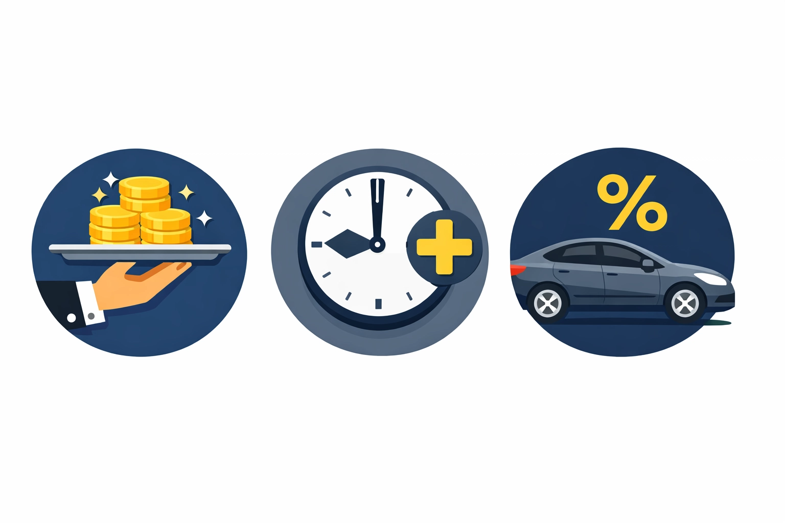 Icons representing new 2026 tax deductions for tips, overtime income, and auto loan interest.