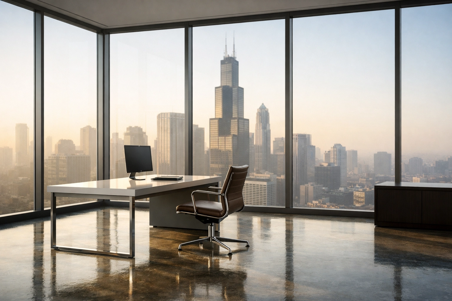 Clean minimalist Chicago high-rise office suite with city views, showcasing professional commercial standards.