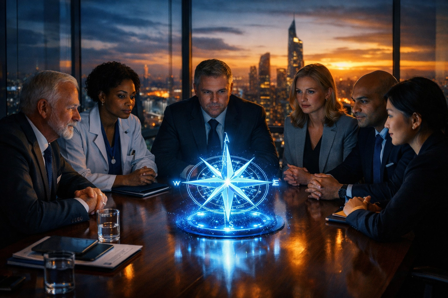 Healthcare administration executives discussing strategic leadership and accreditation in a modern boardroom.