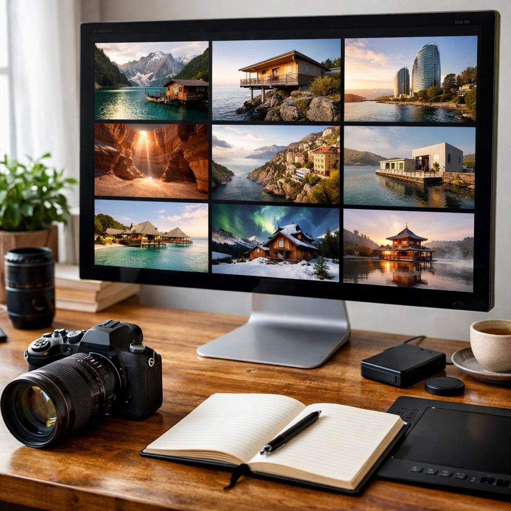 Professional photography portfolio gallery displayed on a high-end studio monitor for curated business branding.