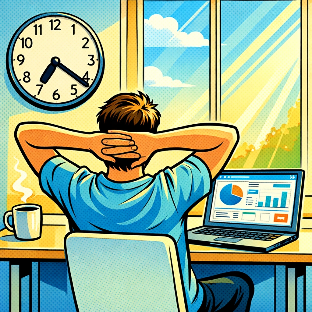 Relaxed business owner at organized desk at 7:20 AM ready for productive work after automation