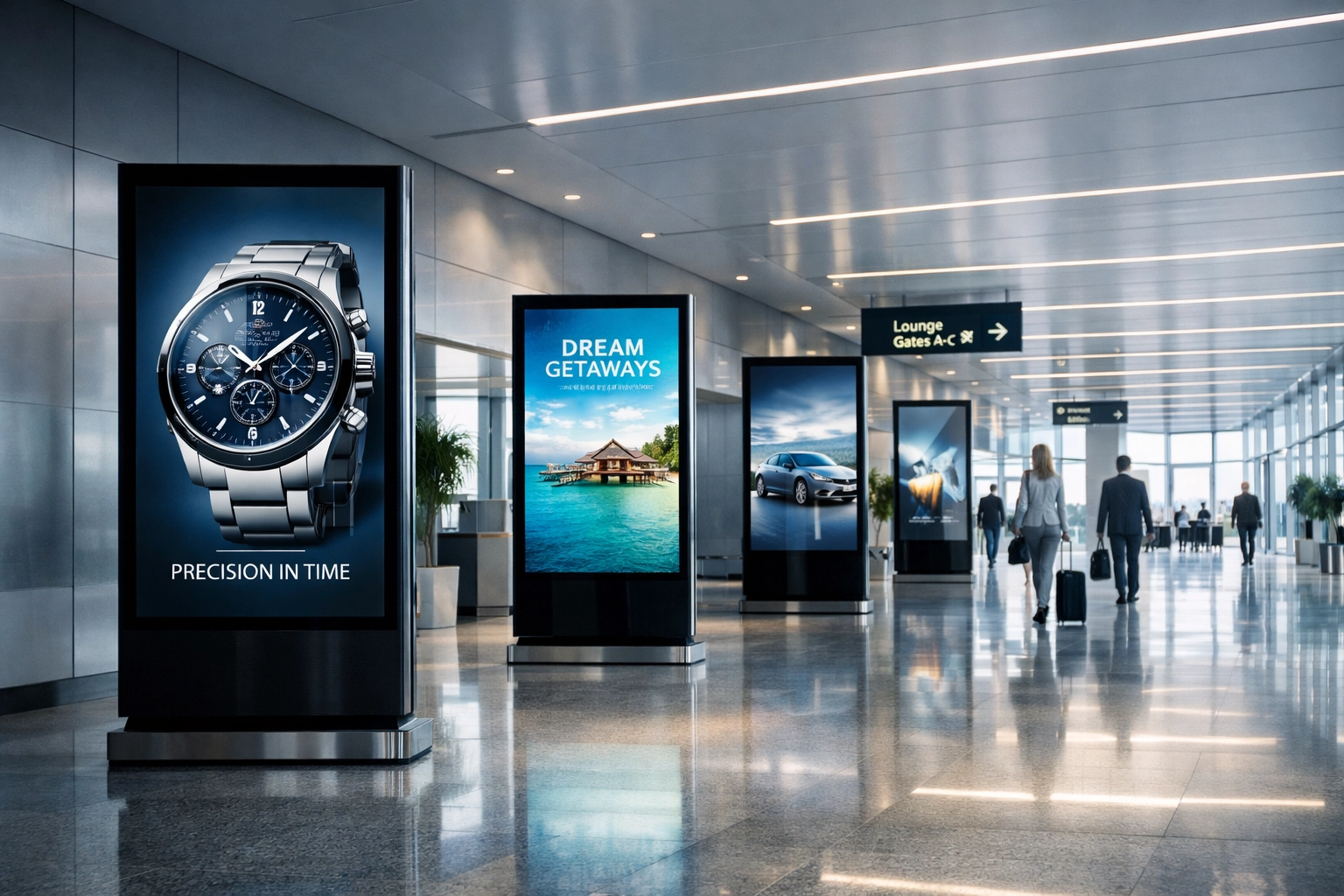 Digital advertising kiosks in a modern transit terminal for hyper-targeted global DOOH campaigns.