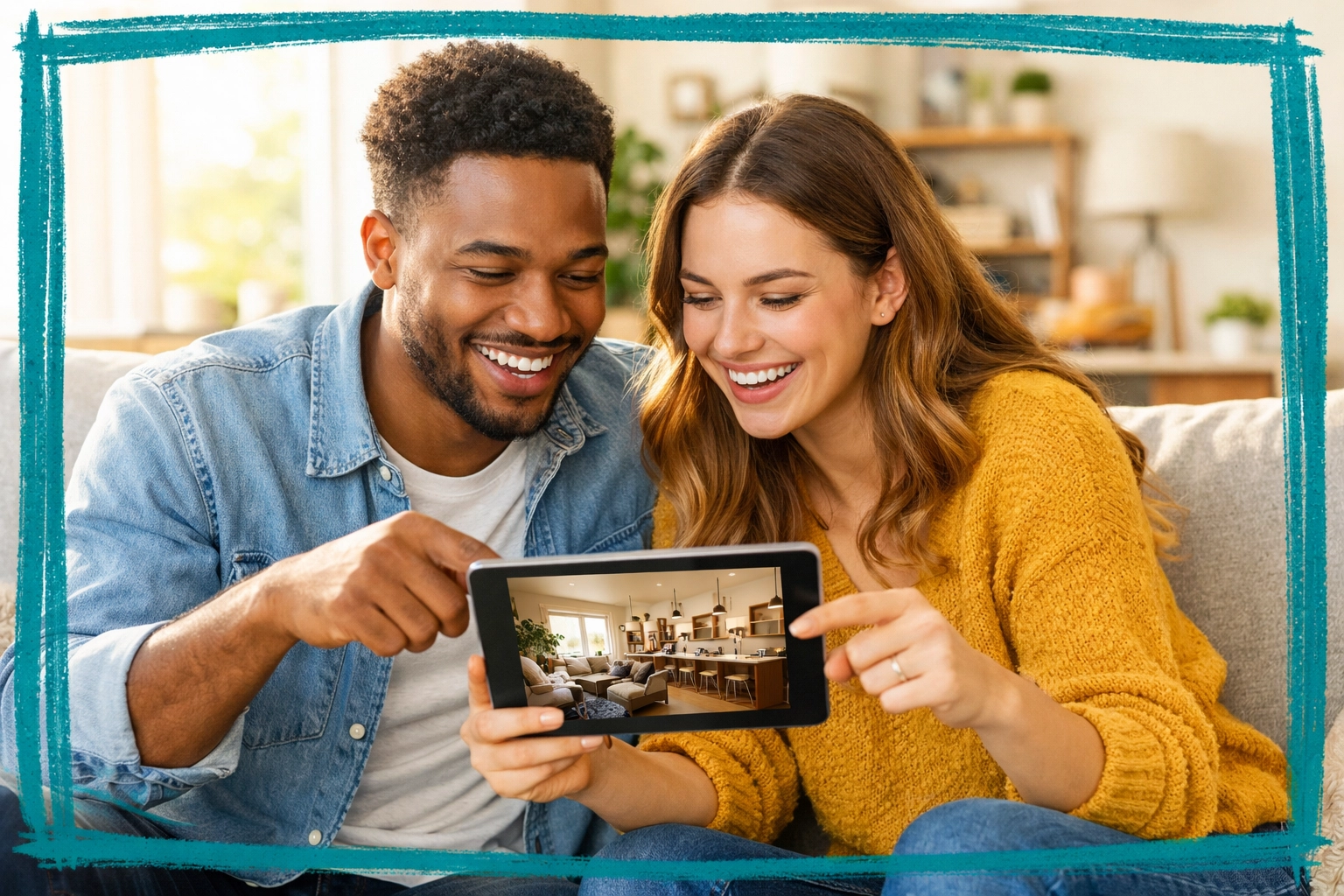 A happy couple browsing personalized AI-driven home listings on a tablet in a bright living room.