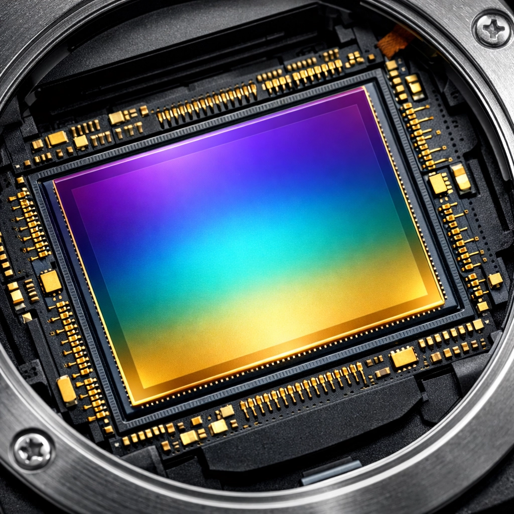 Macro view of a stacked CMOS mirrorless sensor showing the high-tech architecture and iridescent circuitry.