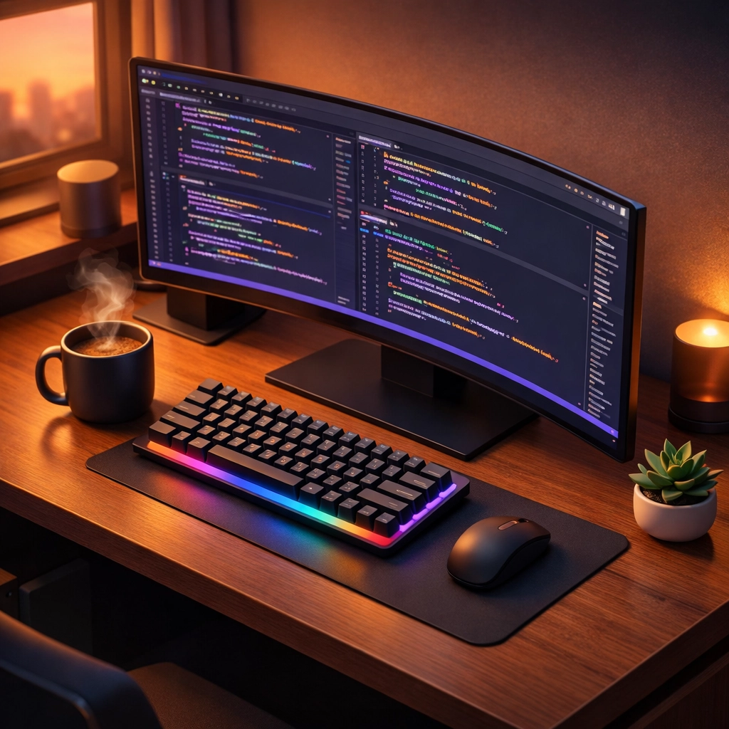 A modern developer's desk featuring a code editor with Python syntax highlighting on the screen.