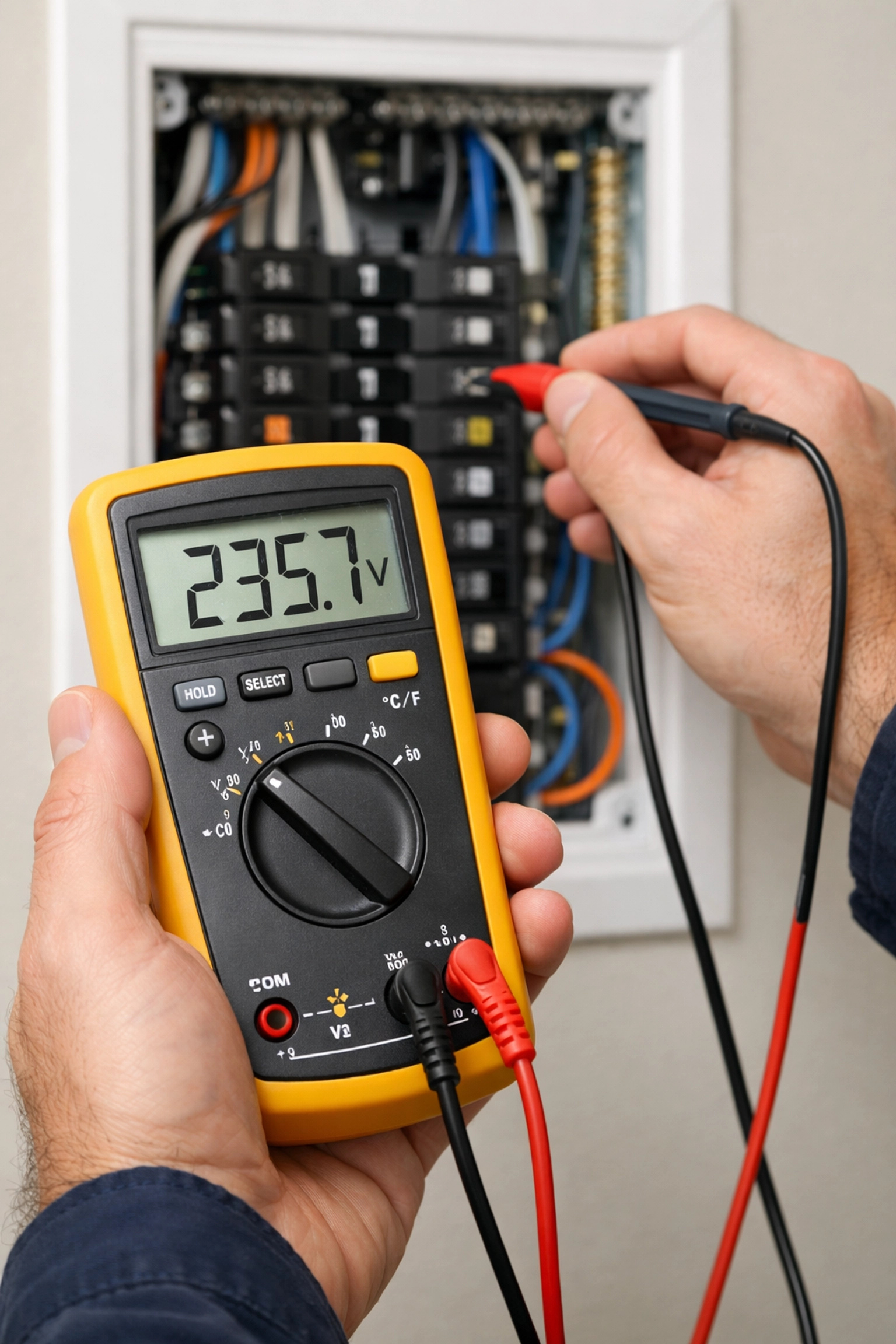 Electrician in Aurora testing electrical panel capacity for heat pump upgrade