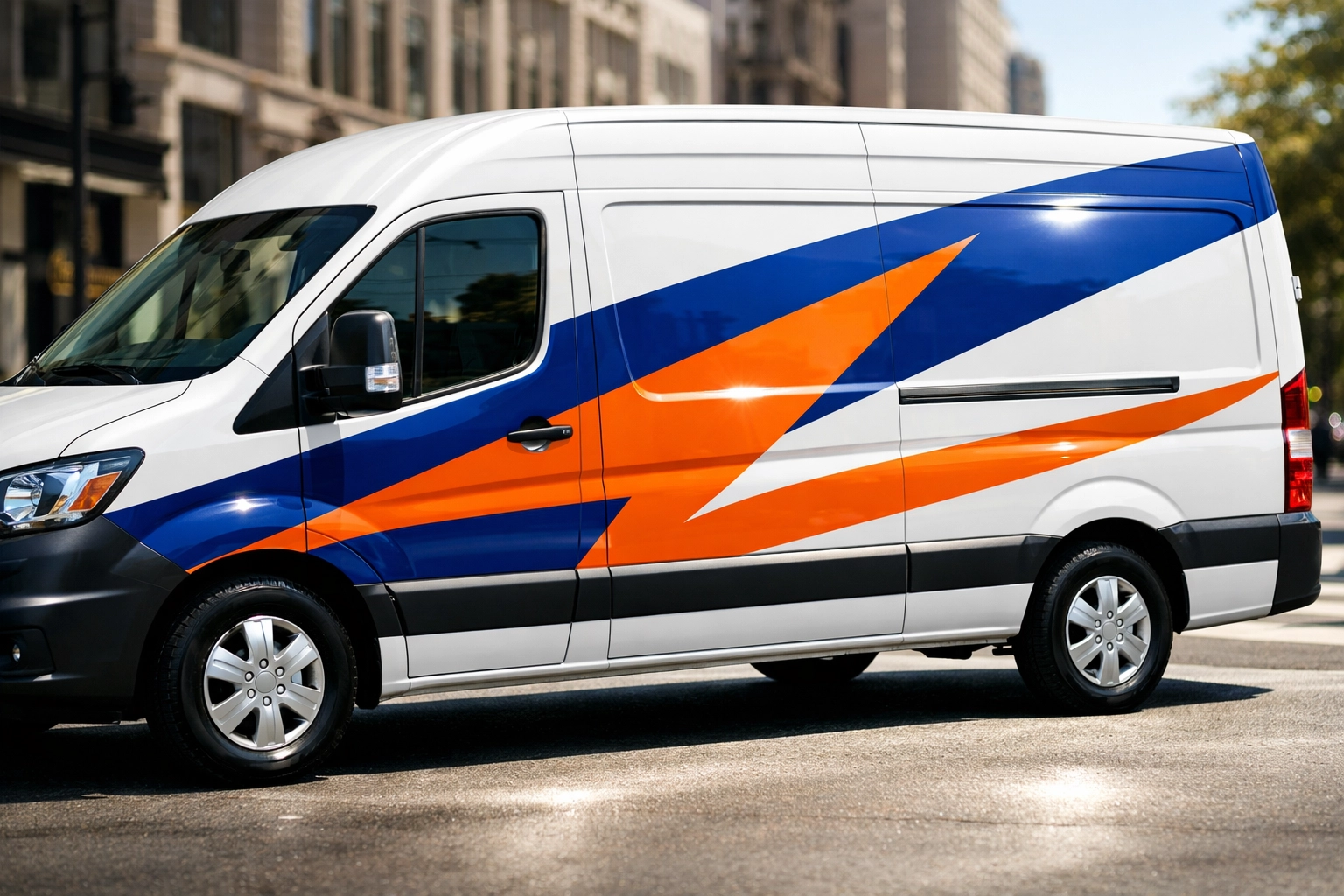 Professional vehicle decal wrap on a white work van parked on a city street for mobile branding.