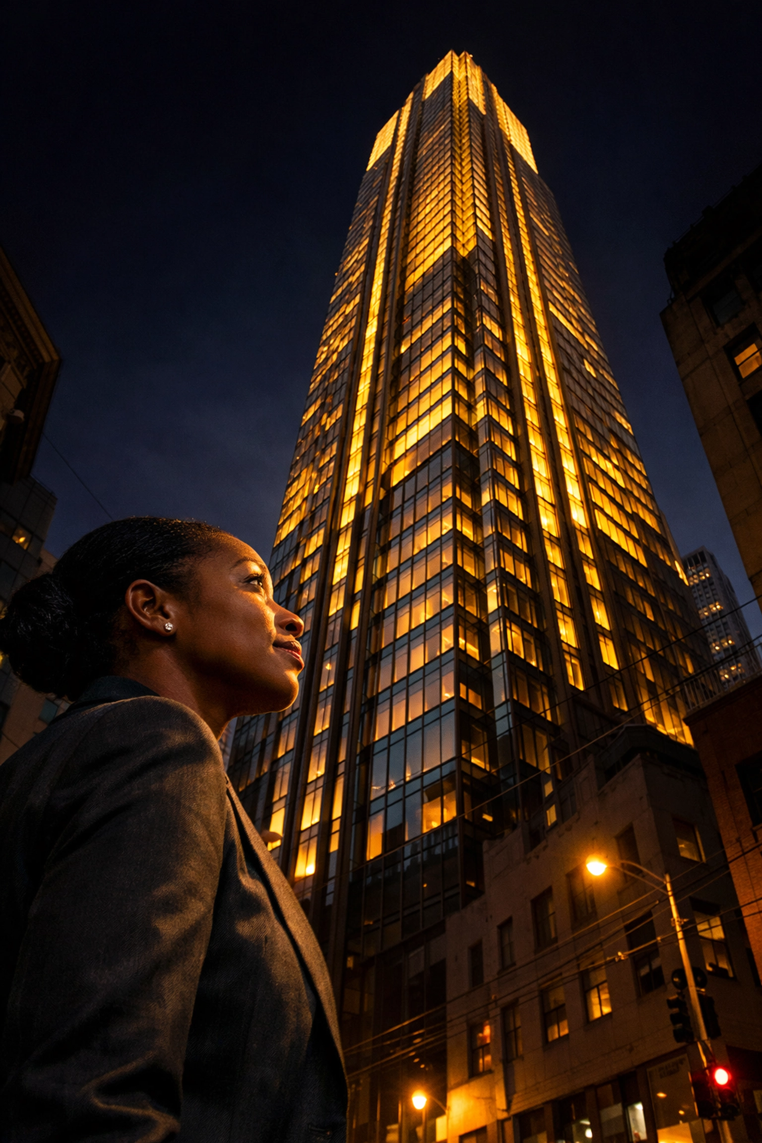 Visionary real estate developer observing a soaring San Francisco high-rise during a sunset urban pivot.