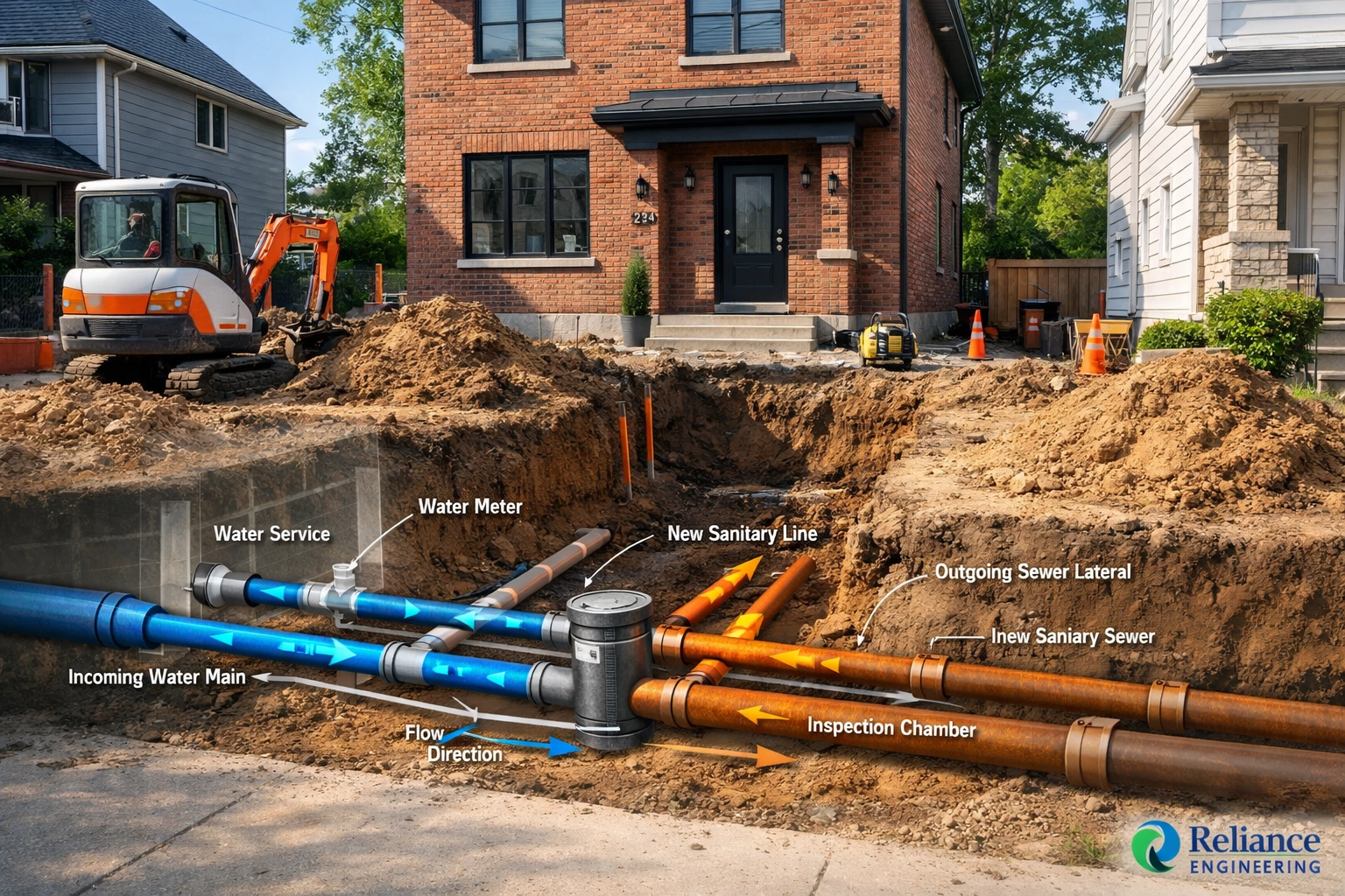 Professional servicing installation for a 4-plex conversion in Ontario with engineering schematic overlay.