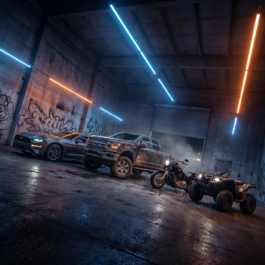 Diverse lineup of cars, trucks, motorcycles, and ATVs in urban garage, highlighting remote starter installation for all vehicle types in Pittsburgh.