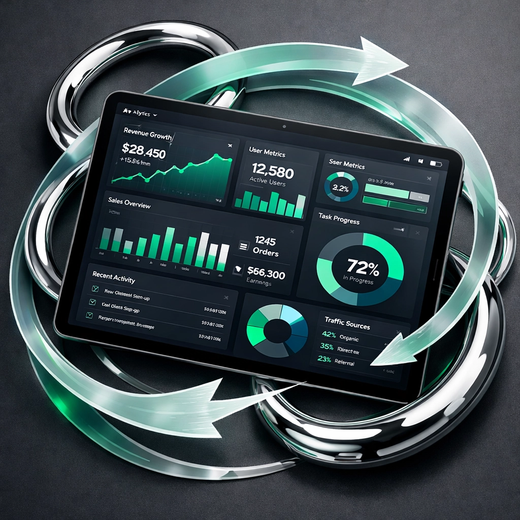 Business process automation dashboard showing agile iteration and continuous feedback loops for software growth.