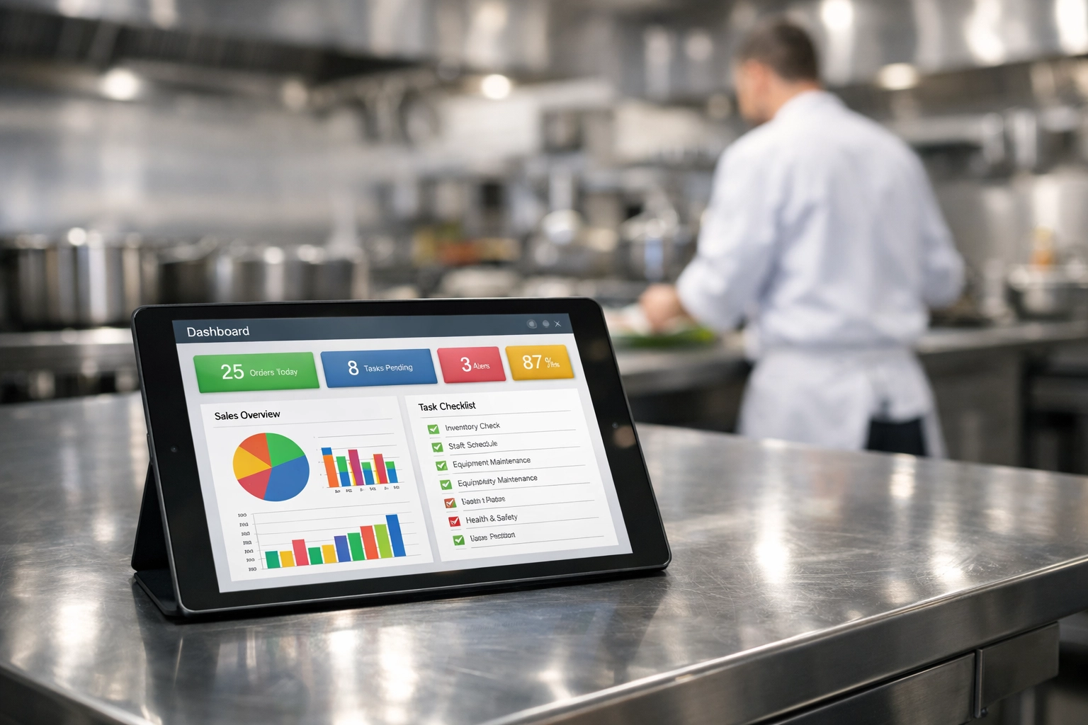 Digital records for workers comp training and safety documentation on a tablet in a restaurant kitchen.
