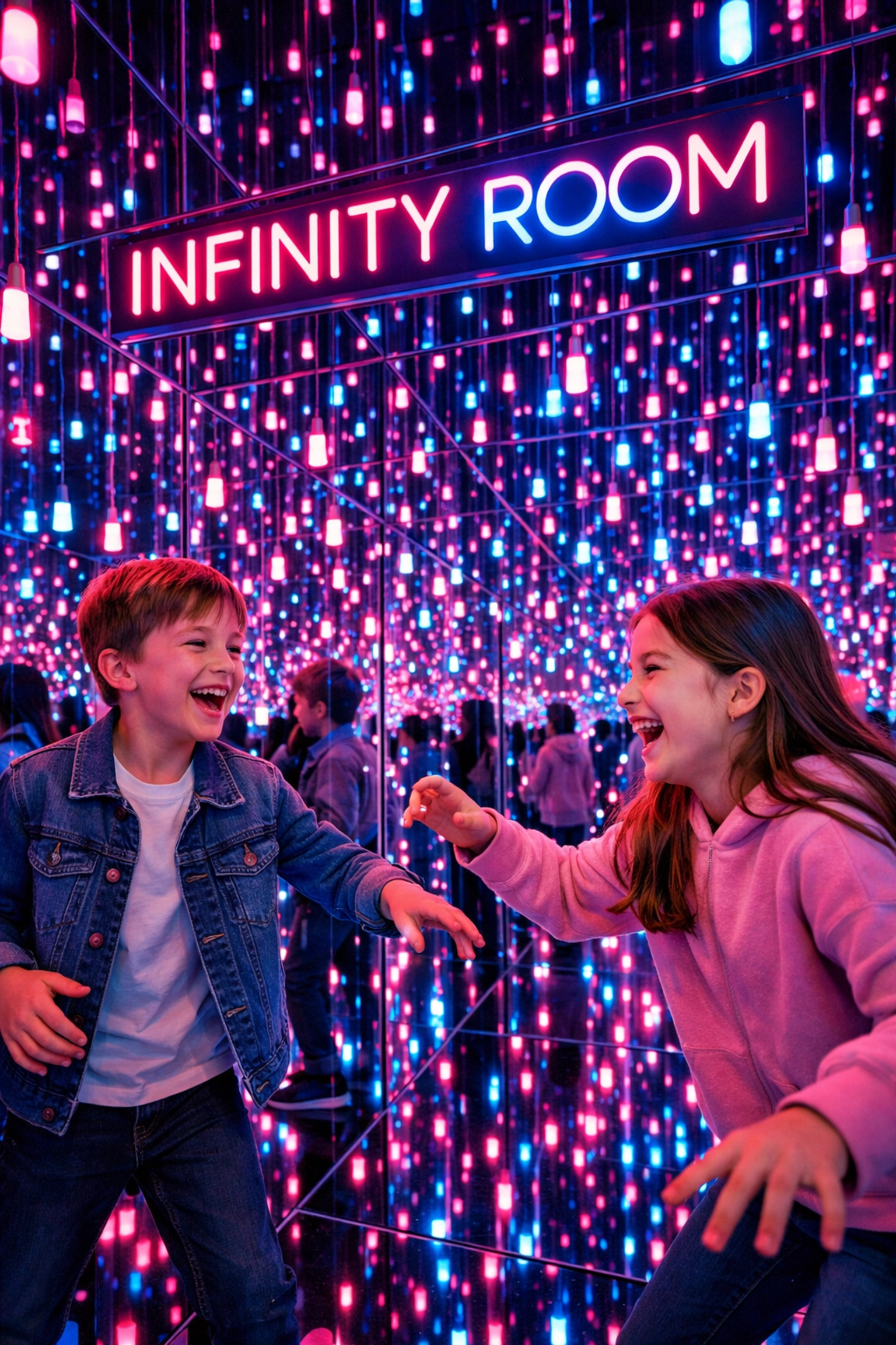 Two siblings laughing in a neon-lit interactive museum infinity room for creative family travel photos.