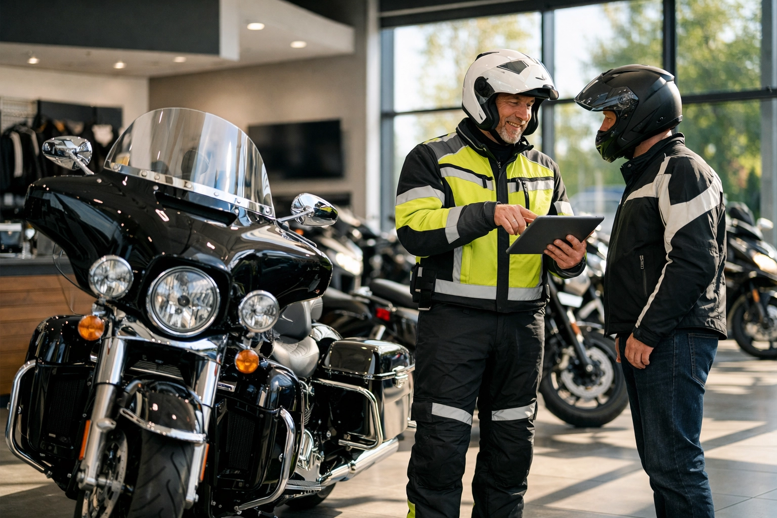 Safety instructor and rider discussing DOT standards in a modern motorcycle dealership showroom.