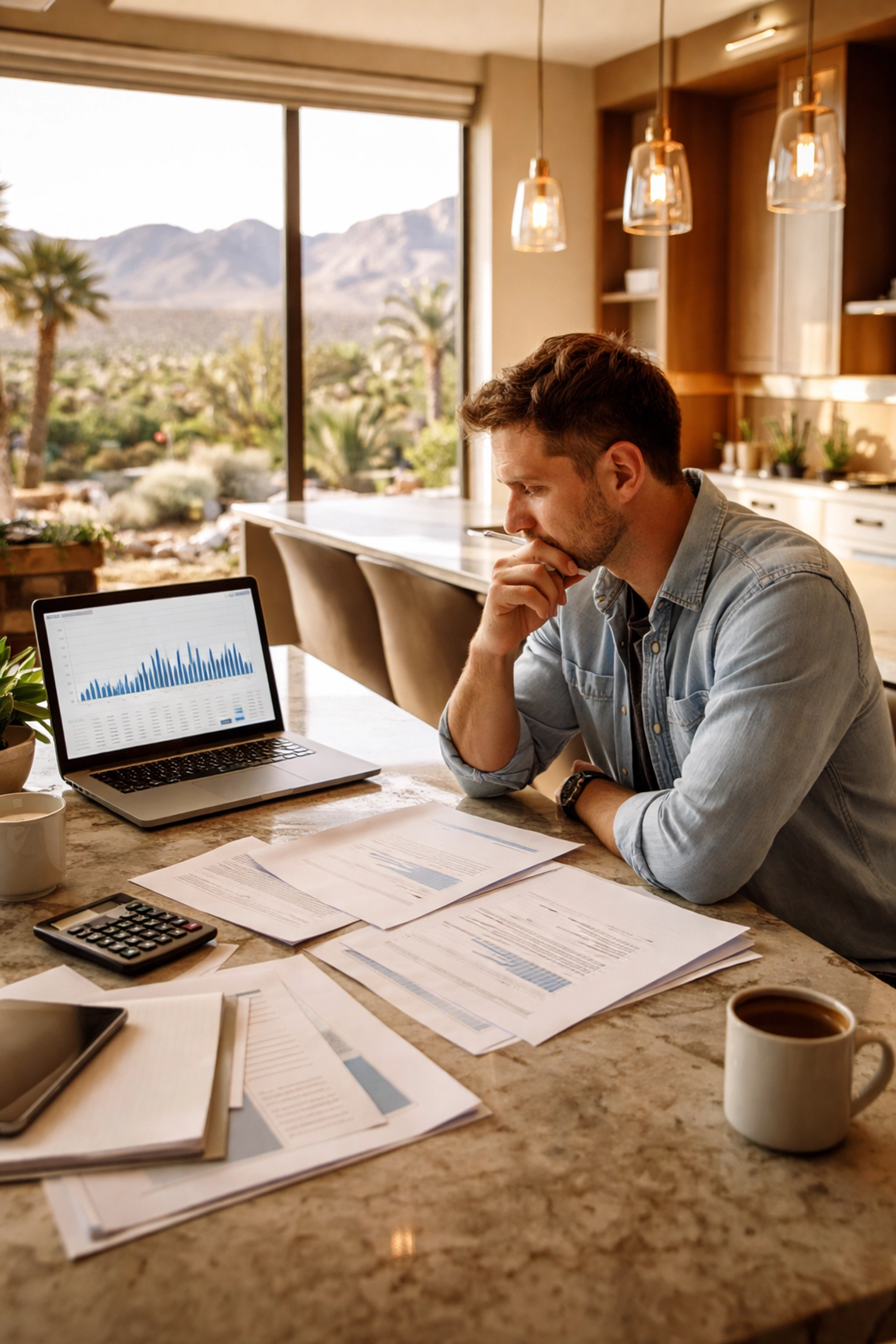 Homeowner at a kitchen island in Las Vegas reviewing real estate documents and market data, highlighting careful strategy for selling a home.