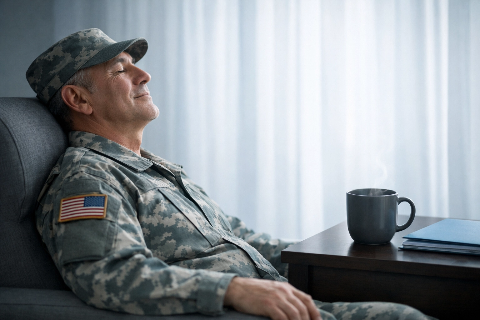 A relaxed veteran experiencing relief after receiving a successful 100% P&T VA disability rating.