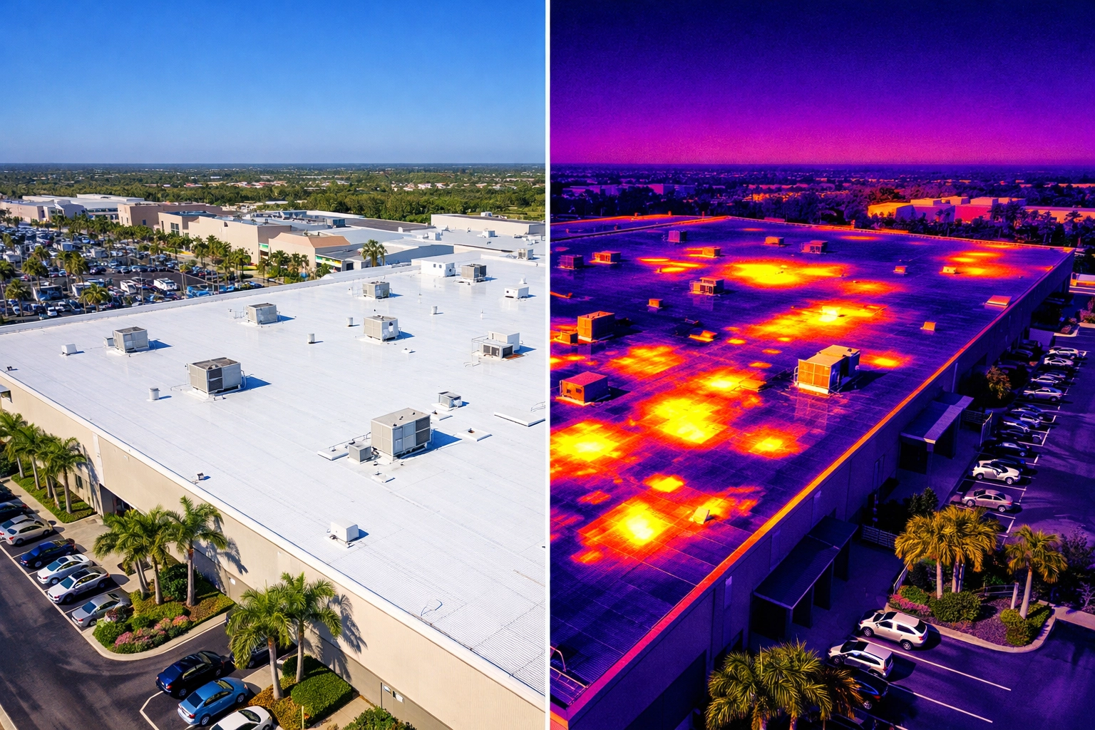 Thermal drone inspection revealing hidden moisture intrusion on a commercial roof in Southwest Florida.