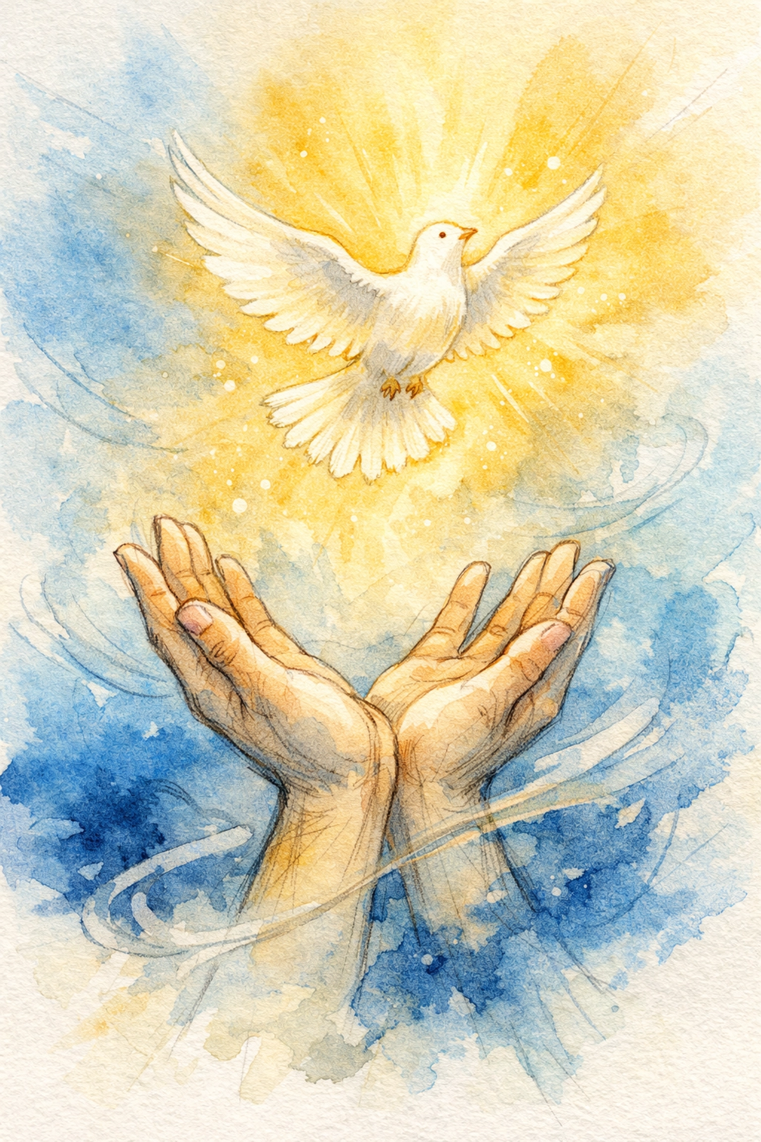 Open hands releasing dove into light representing spiritual surrender and trust in God