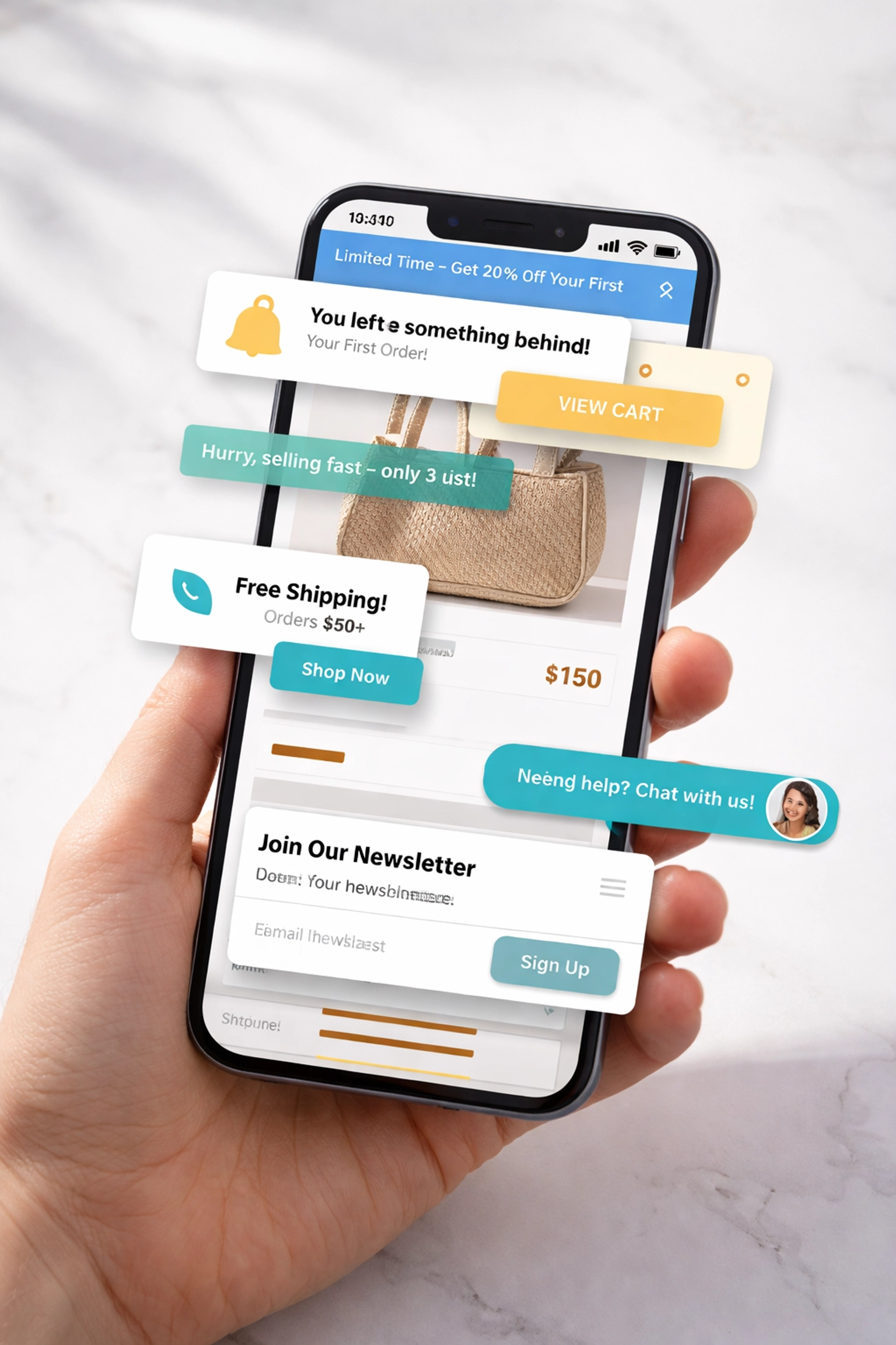 Smartphone displaying cluttered Shopify product page with chat widgets and popup notifications causing app bloat