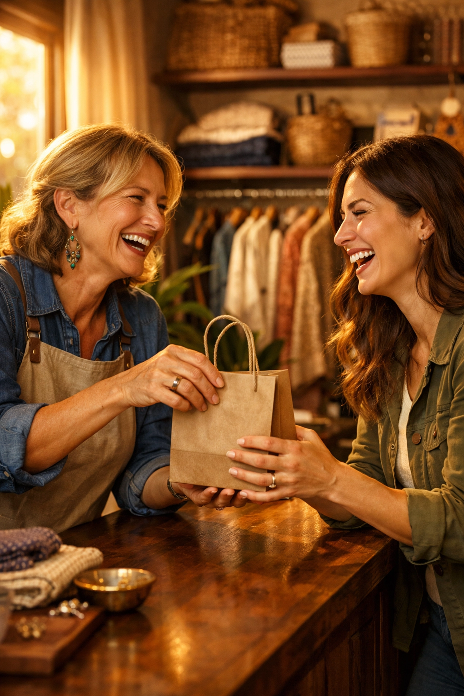 A small business owner laughing with a happy customer, illustrating a successful brand transformation story.