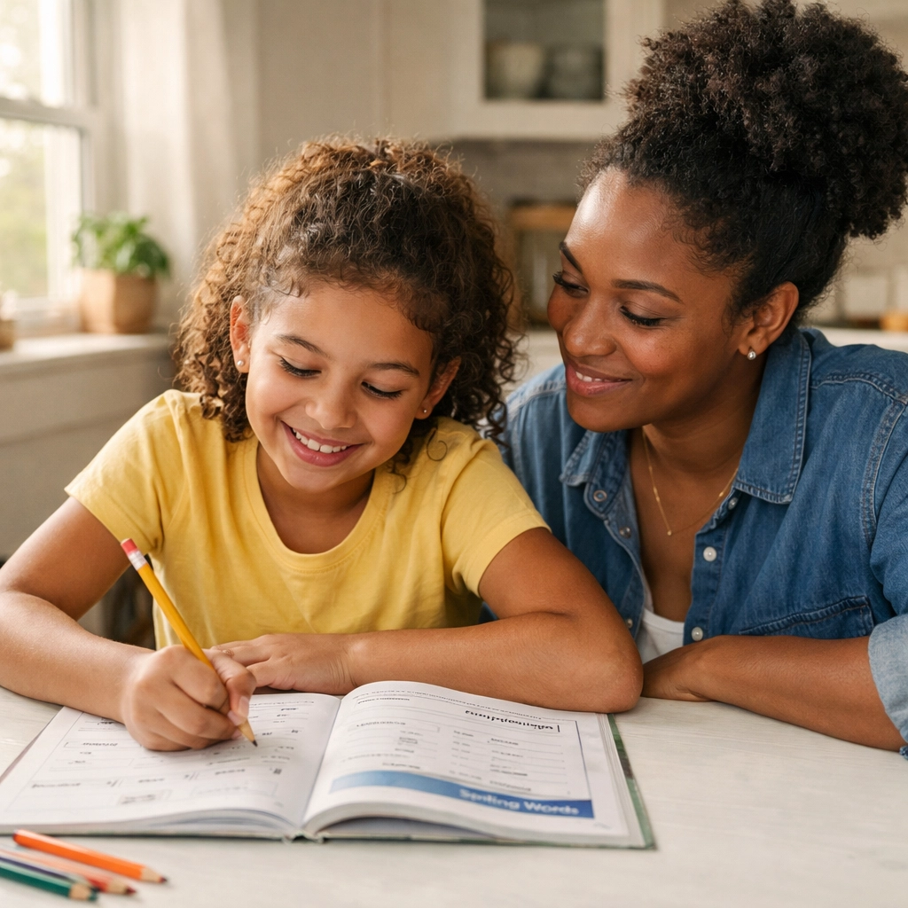 Moeder en dochter oefenen samen positief spelling thuis aan de keukentafel