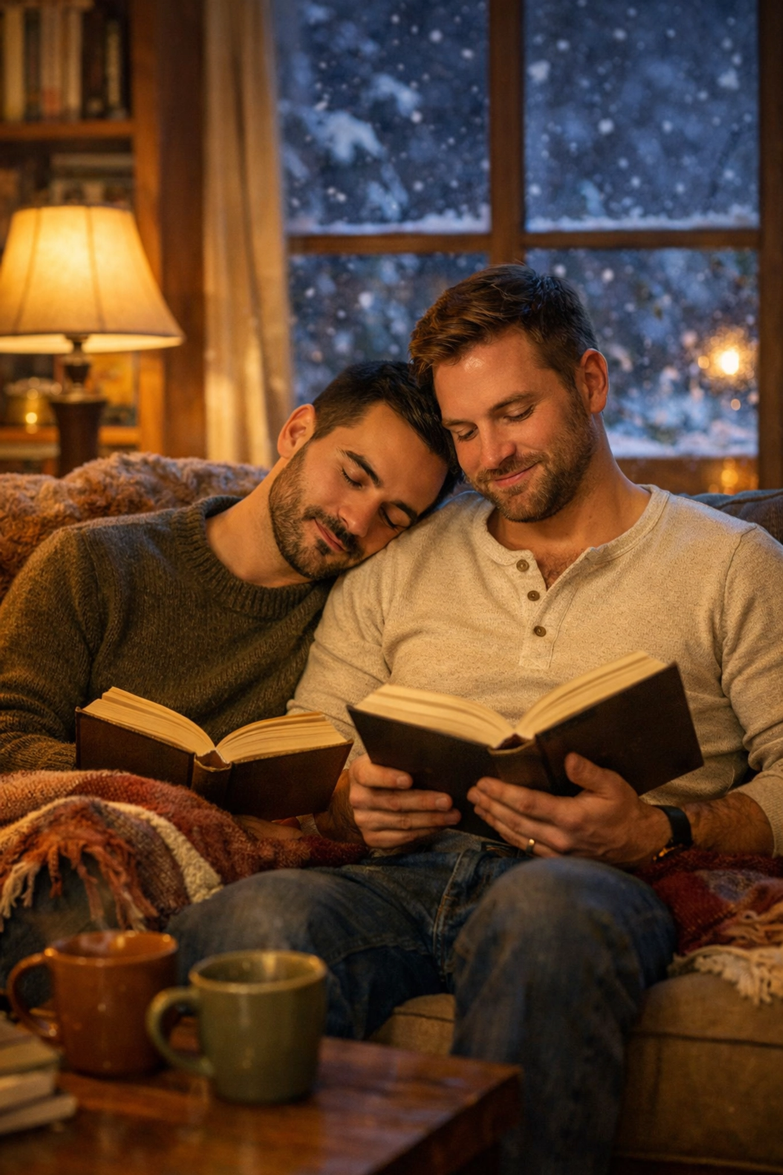 Gay couple reading MM romance books together at home during Winnipeg winter