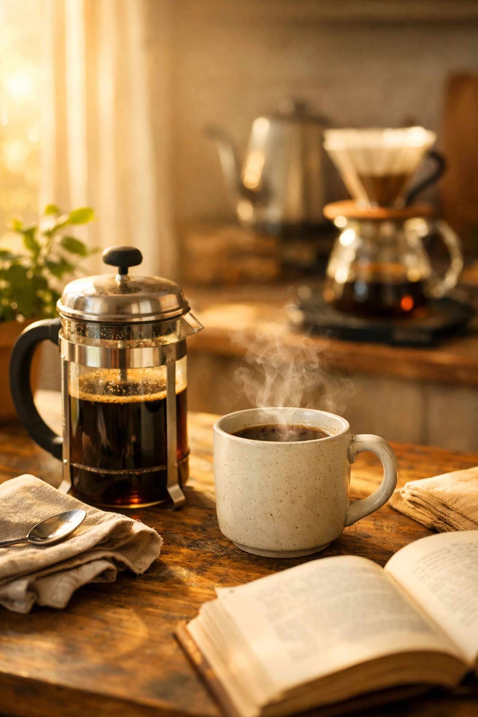 Morning coffee setup with French Press and V60 on breakfast table in natural sunlight