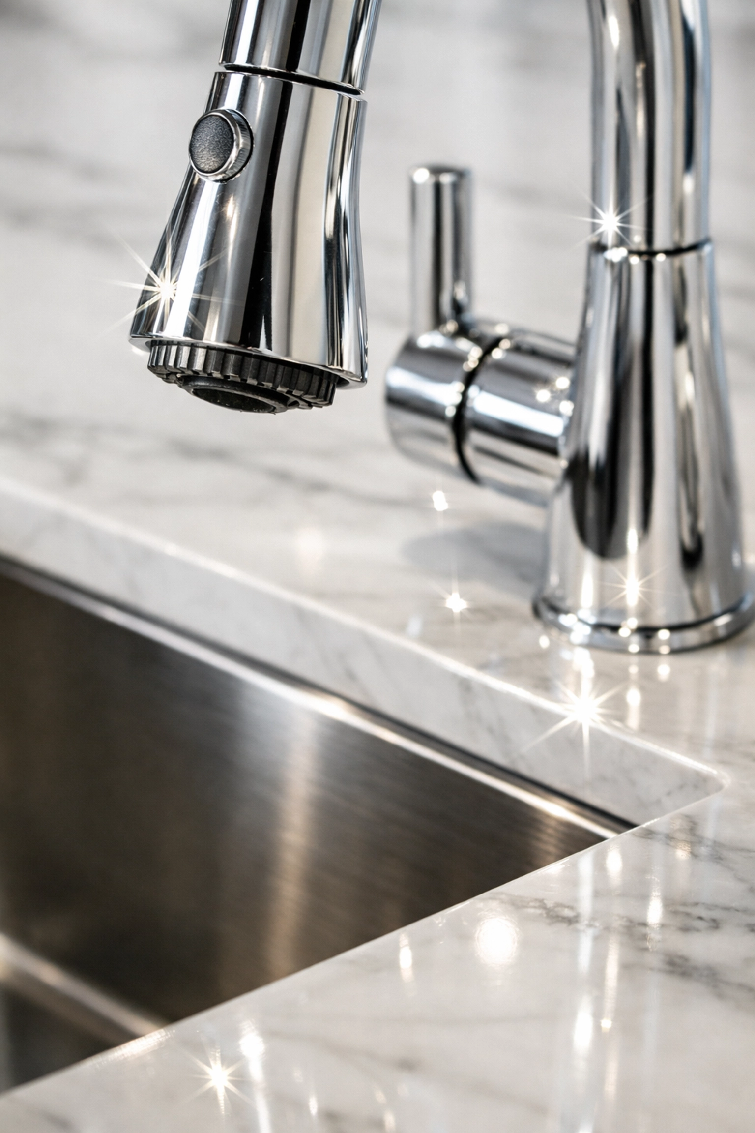 Deep cleaned stainless steel kitchen sink and marble countertop in a high-end Chicago multifamily apartment.