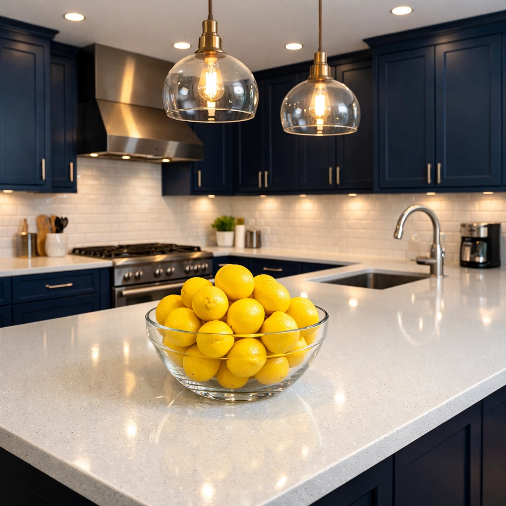 Pristine modern kitchen with navy cabinets showing the impact of bi weekly house cleaning ser in West Barnstable.