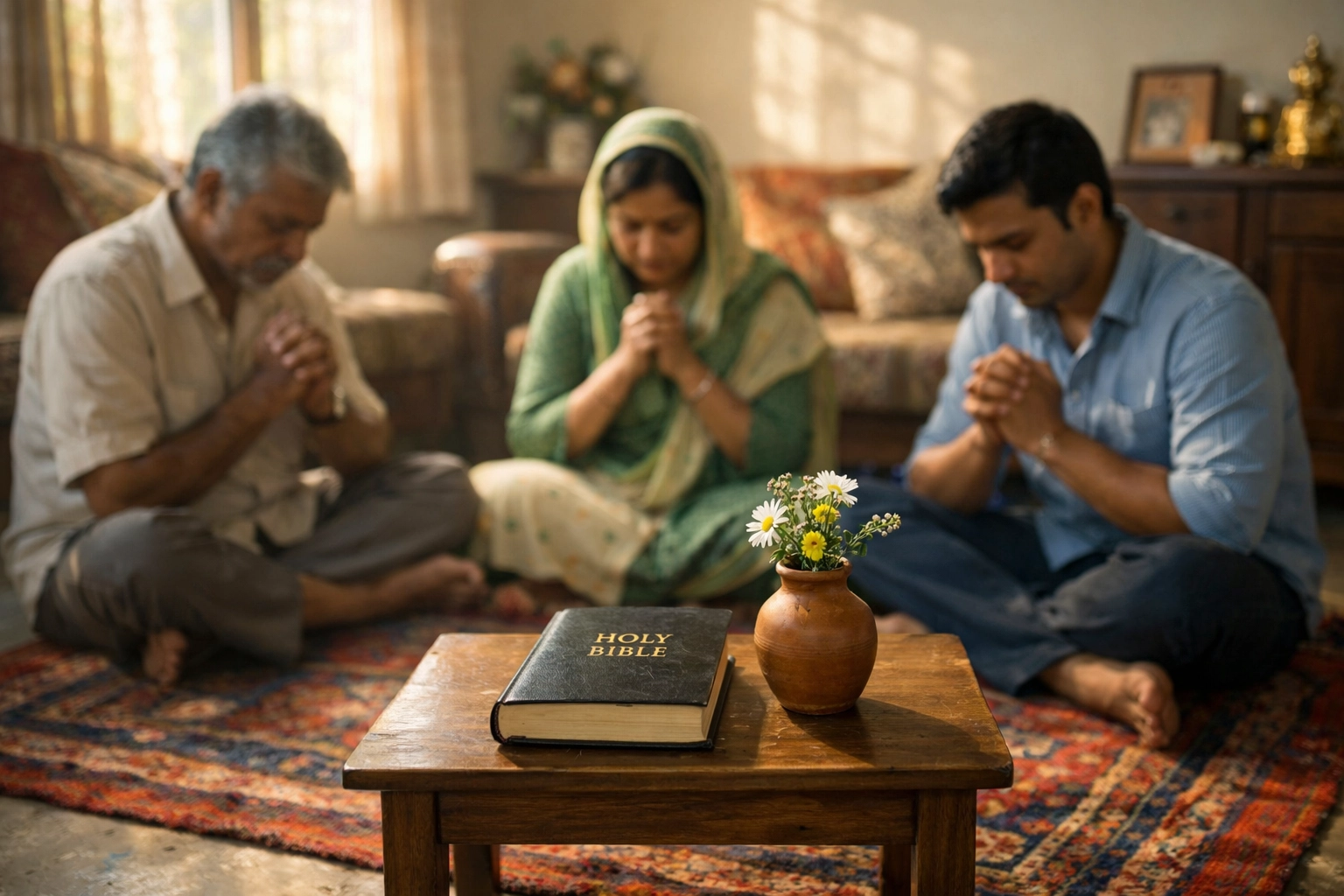 Small group gathering for private prayer in an Indian living room with a Bible on the table.
