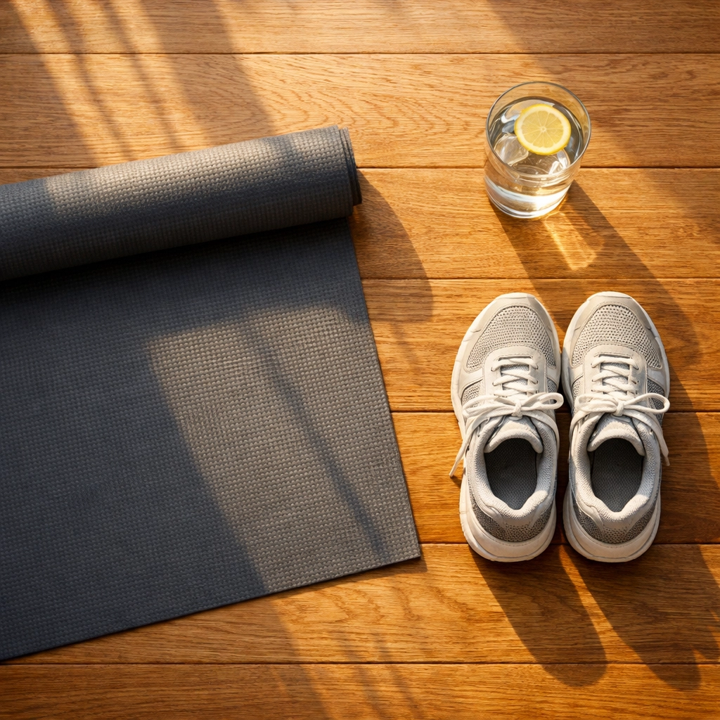 Morning routine essentials: yoga mat, water, and running shoes for grounded start before news