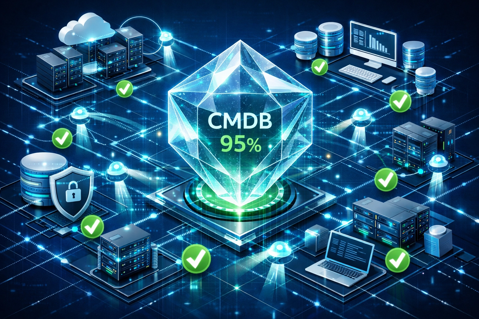 ServiceNow CMDB network showing 95% accuracy with AI validation agents connecting IT assets