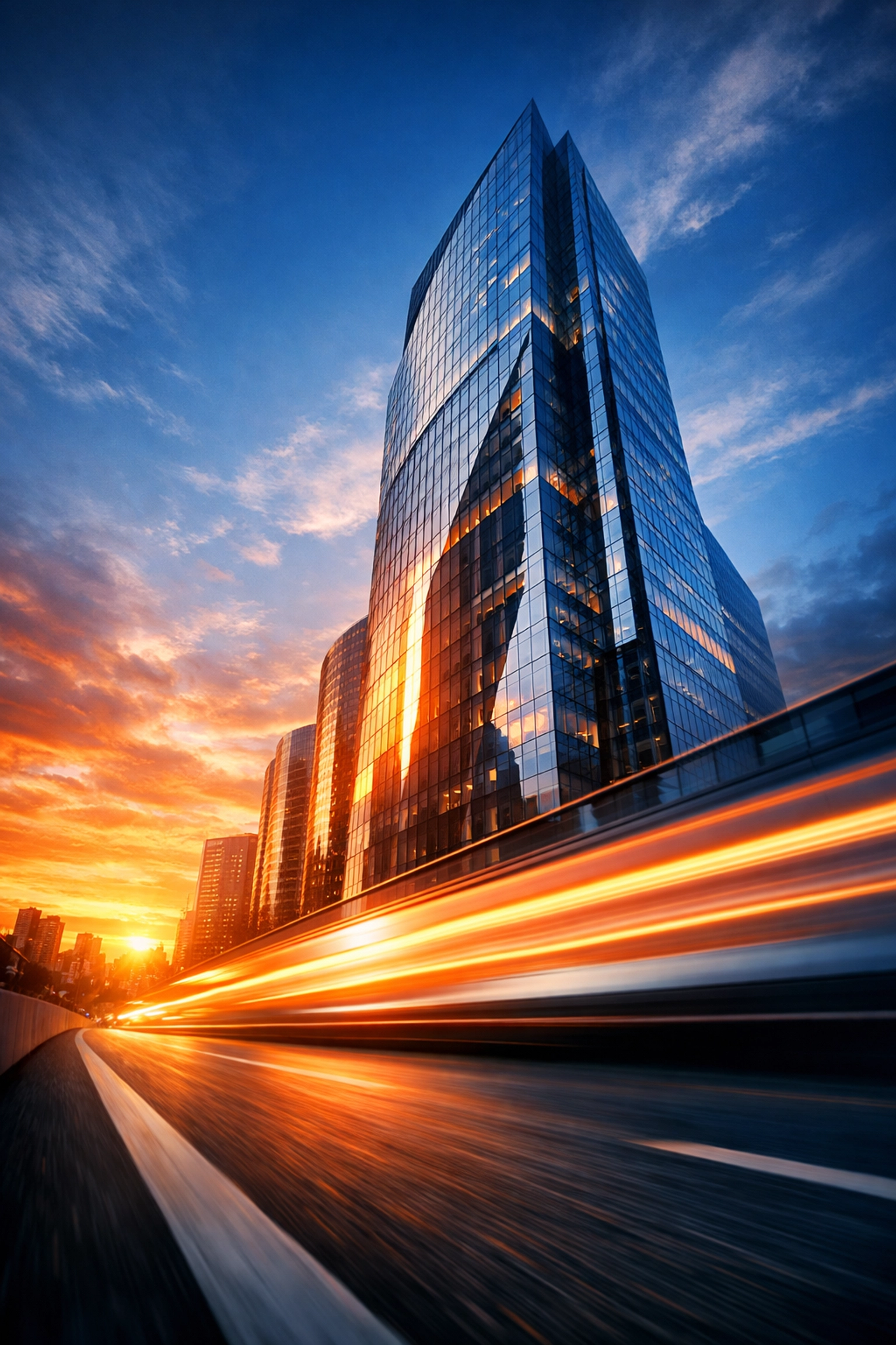 Modern glass skyscraper symbolizing business momentum and the Dakdan Daily Innovation Autopilot engine.