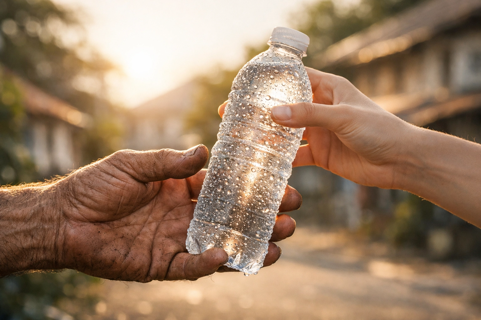 A person offering a cold bottle of water to someone in the heat, representing community care and compassion.