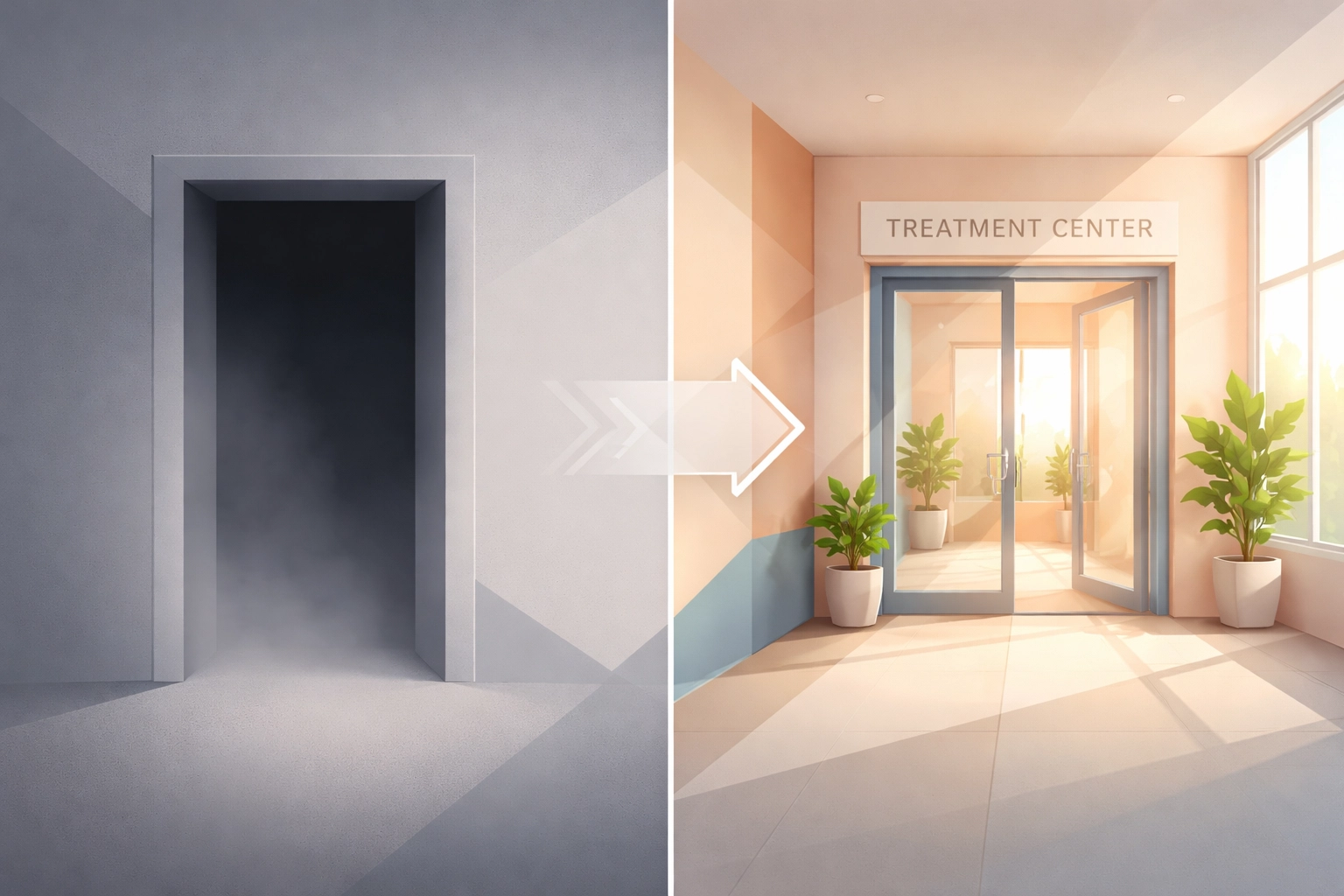 Split-screen showing two paths: one uncertain, one welcoming toward a bright treatment center entrance, symbolizing trust-building