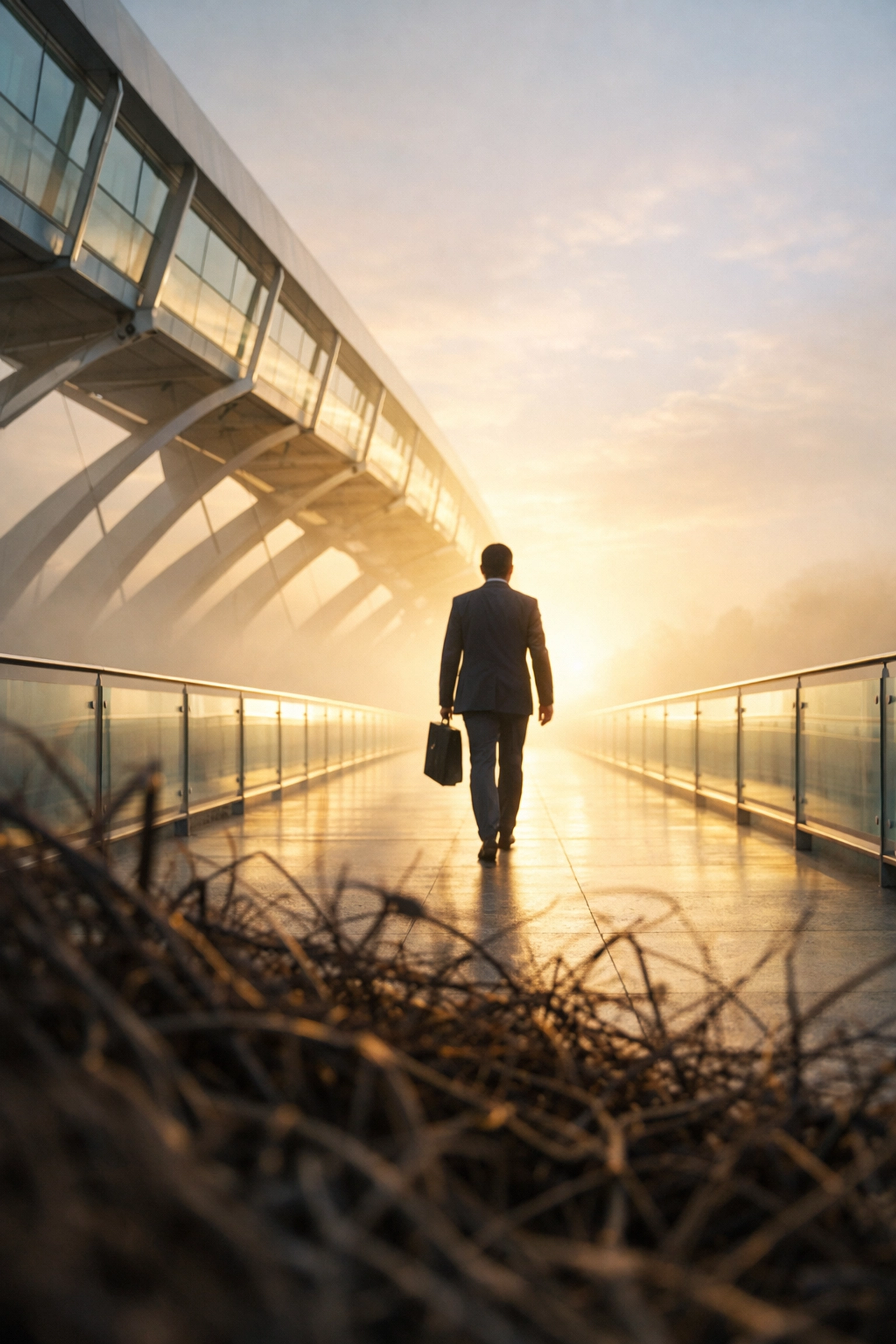 A leader walking toward a bright horizon, representing business growth and strategic scaling.