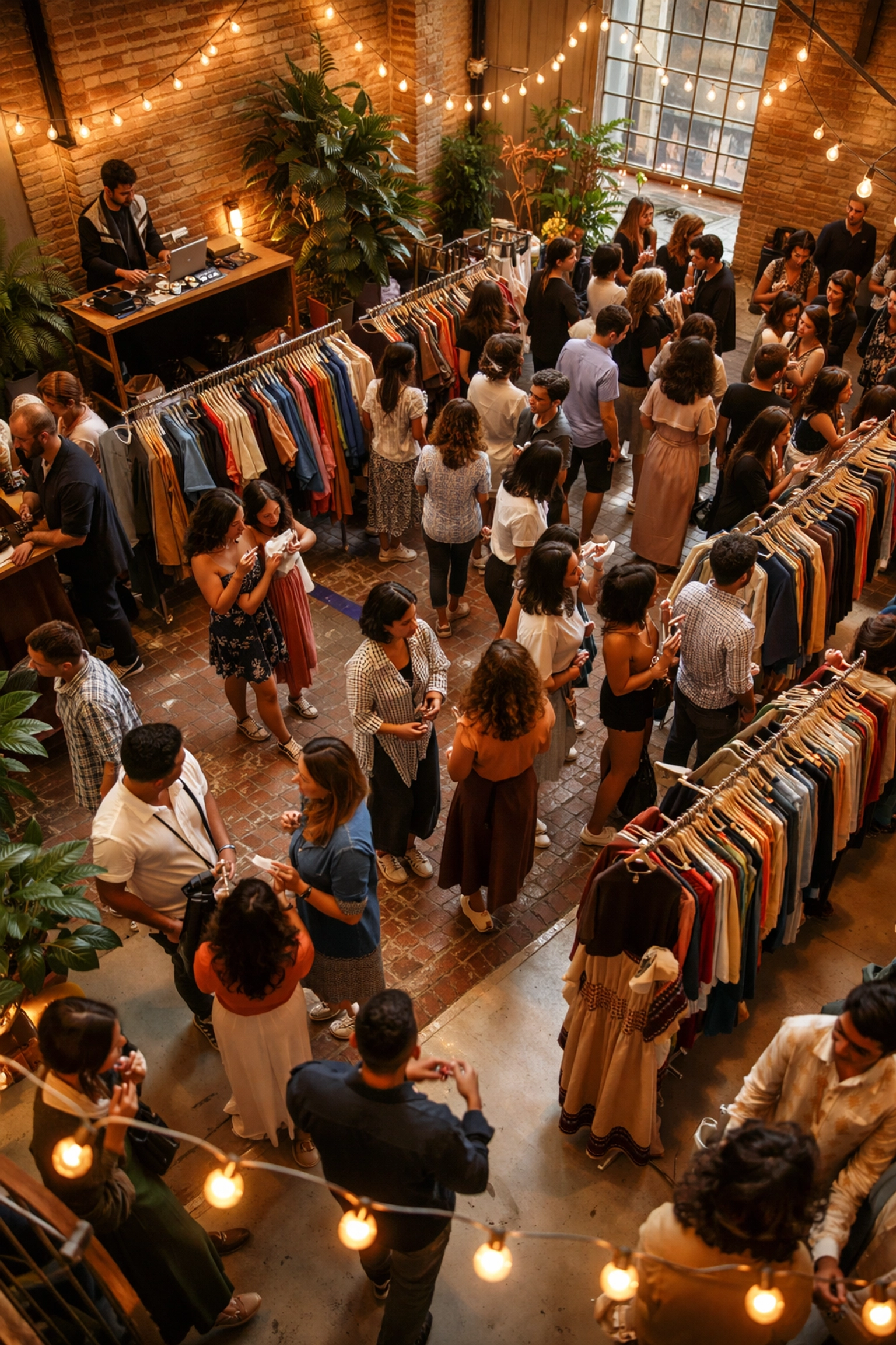 Busy pop-up fashion event with designers and guests networking, showcasing modern fashion industry connections