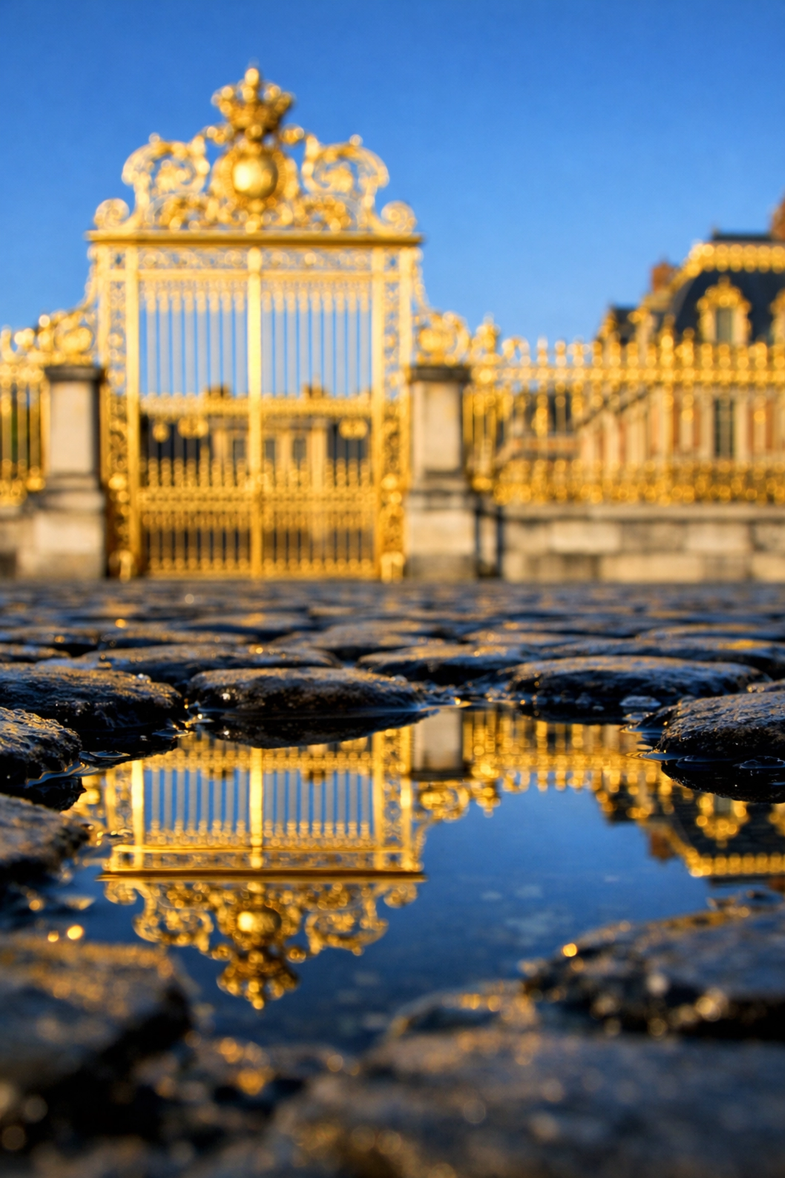 Reflection of golden gates in a rainwater puddle at Versailles, highlighting creative garden photo spots.