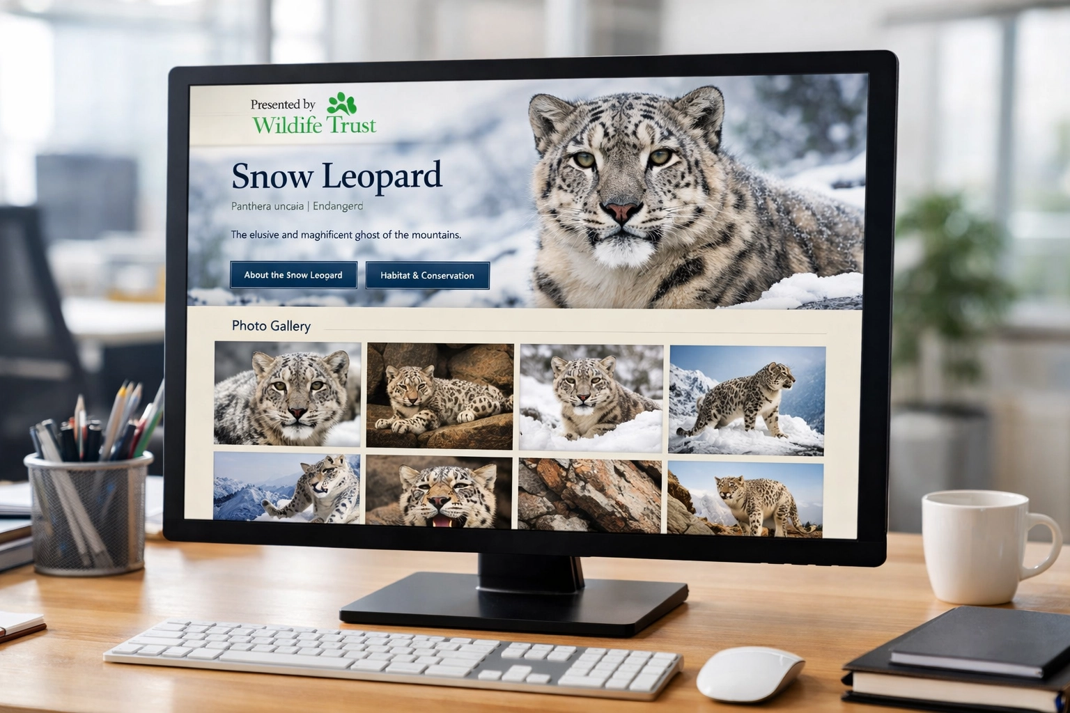 Zoo website displaying sponsored Presented by species page for snow leopard