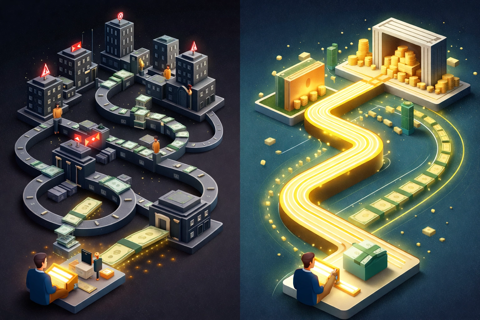 Comparison of traditional payment fees and direct Web3 transfers, highlighting Larecoin’s savings for merchants.