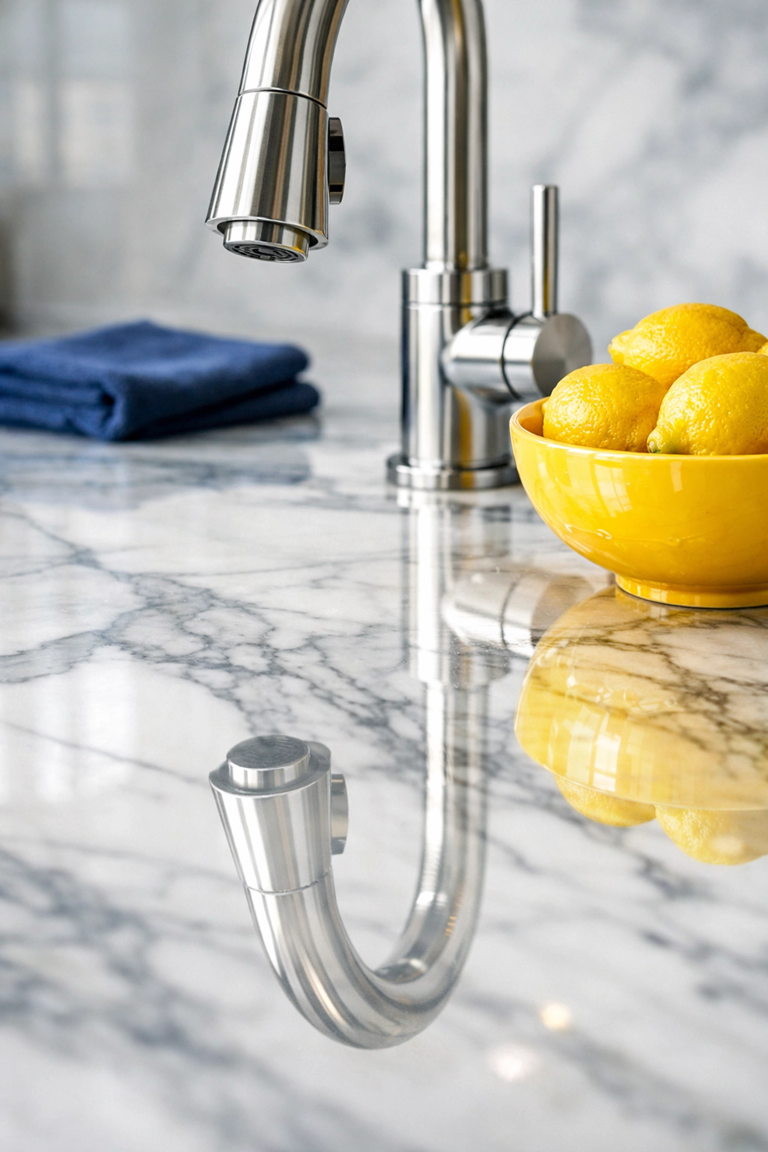 Close-up of a sparkling clean marble kitchen island in Carlisle after professional residential cleaning.