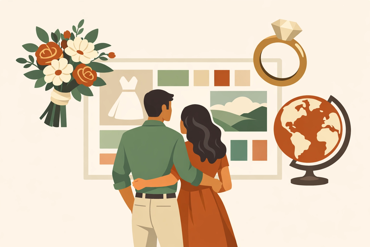 Modern couple researching wedding trends and planning etiquette with their AI wedding assistant, Vera.