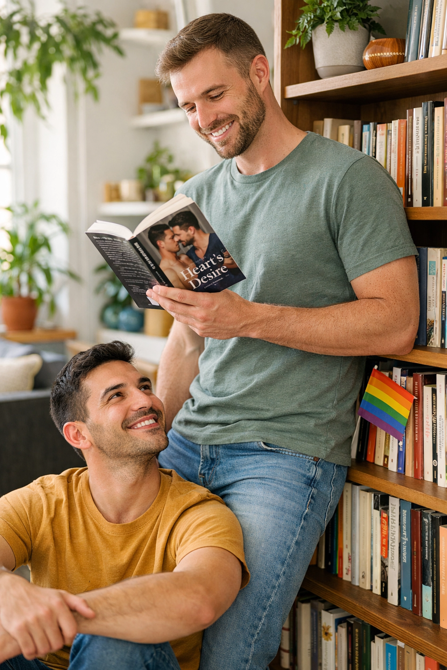 A happy gay couple reads MM romance books together at home, showcasing the vibrant Read with Pride community.